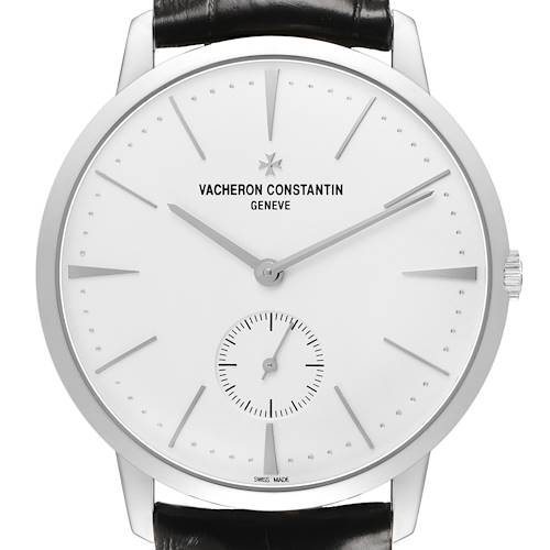 The Vacheron Constantin Patrimony 1110U/000G-B086 Men's White Gold Silver Dial watch is shown from the front, highlighting the dial, hands, indices, and part of the strap.