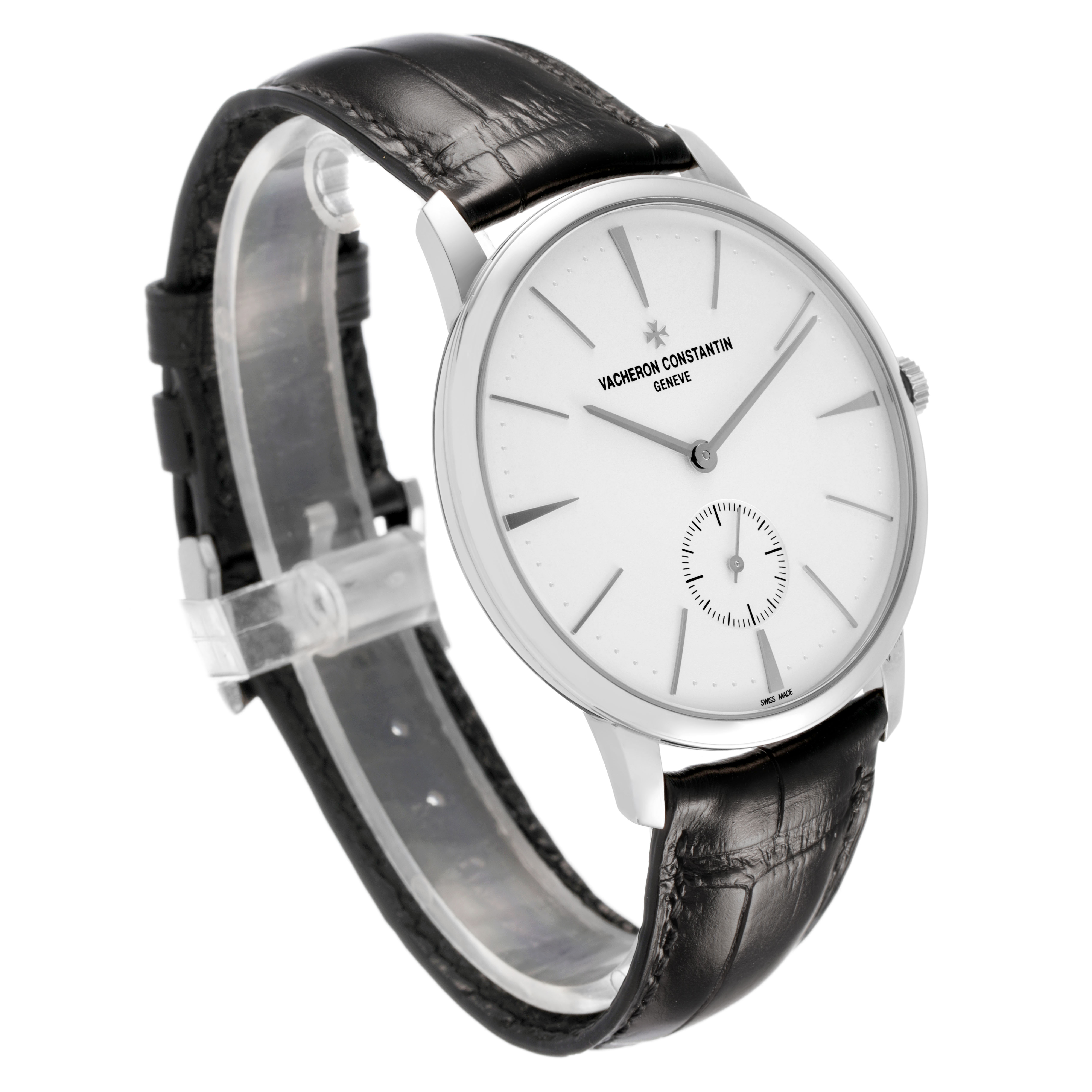 The Vacheron Constantin Patrimony 1110U/000G-B086 Men's White Gold Silver Dial watch is shown at a slight angle, highlighting its dial, case, crown, and leather strap.