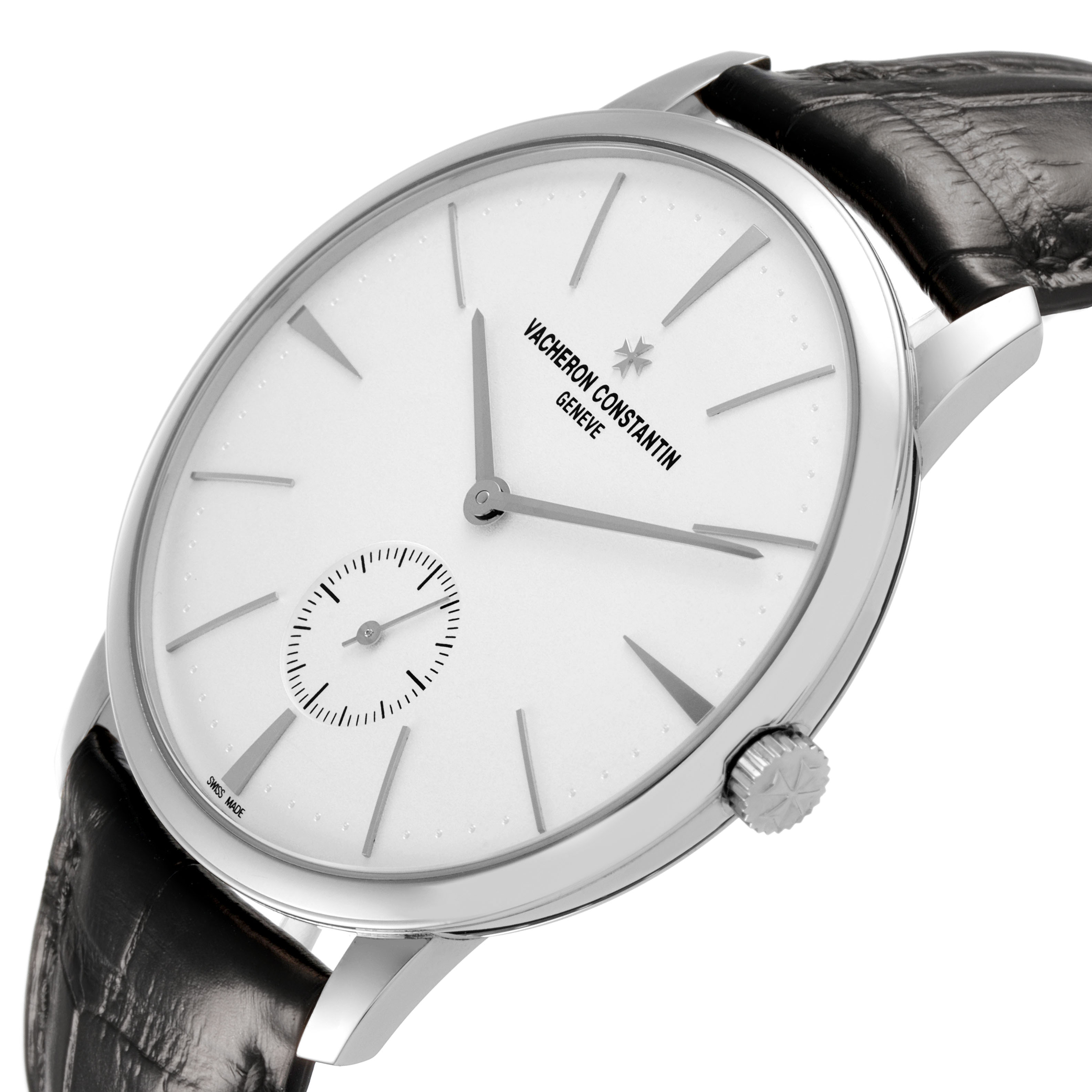 The Vacheron Constantin Patrimony 1110U/000G-B086 Men's White Gold Silver Dial watch is shown at a slight angle, highlighting the dial, case, crown, and part of the strap.