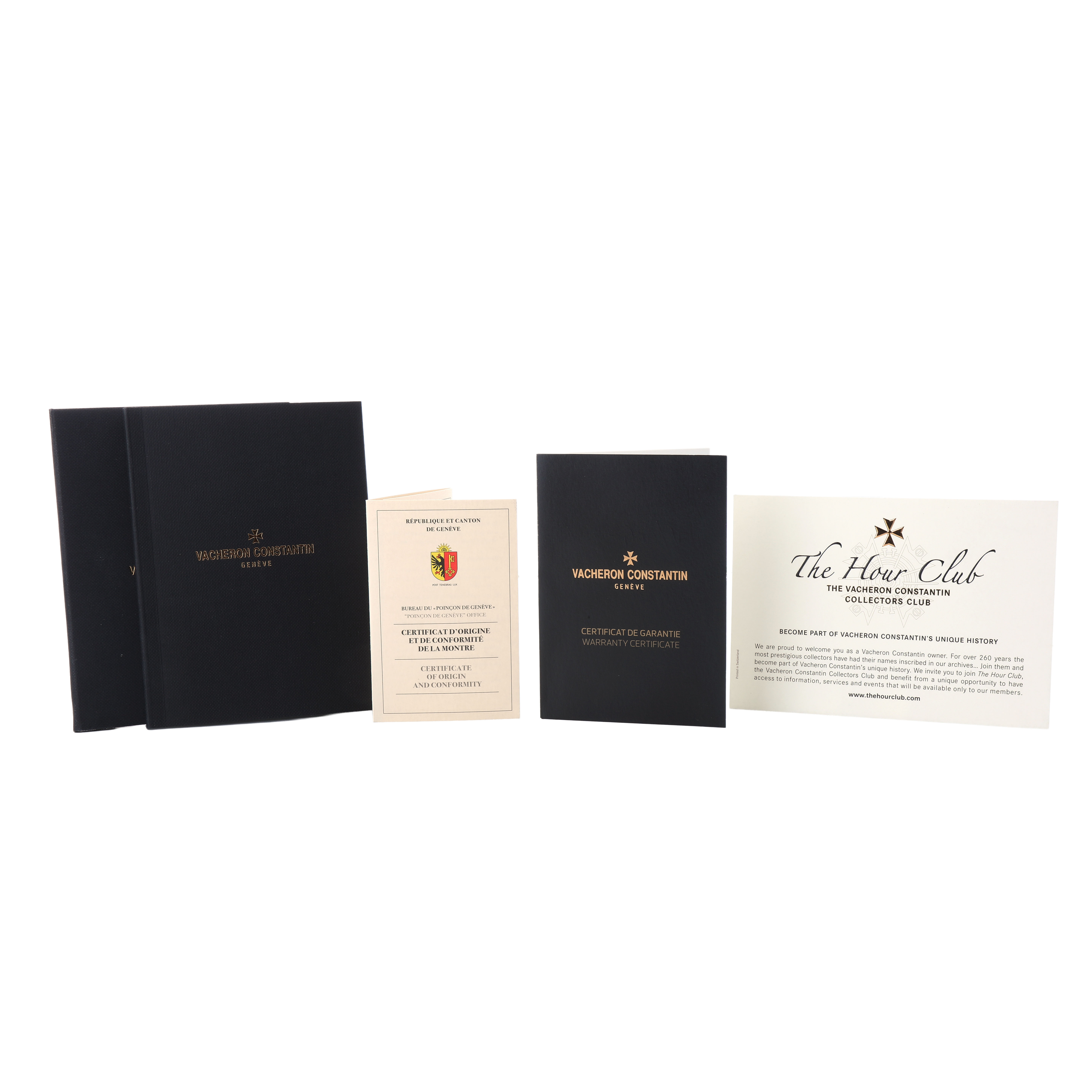 The image shows documentation and booklets for the Vacheron Constantin Patrimony 1110U/000G-B086 Men's White Gold Silver Dial, displaying certificates and information materials.