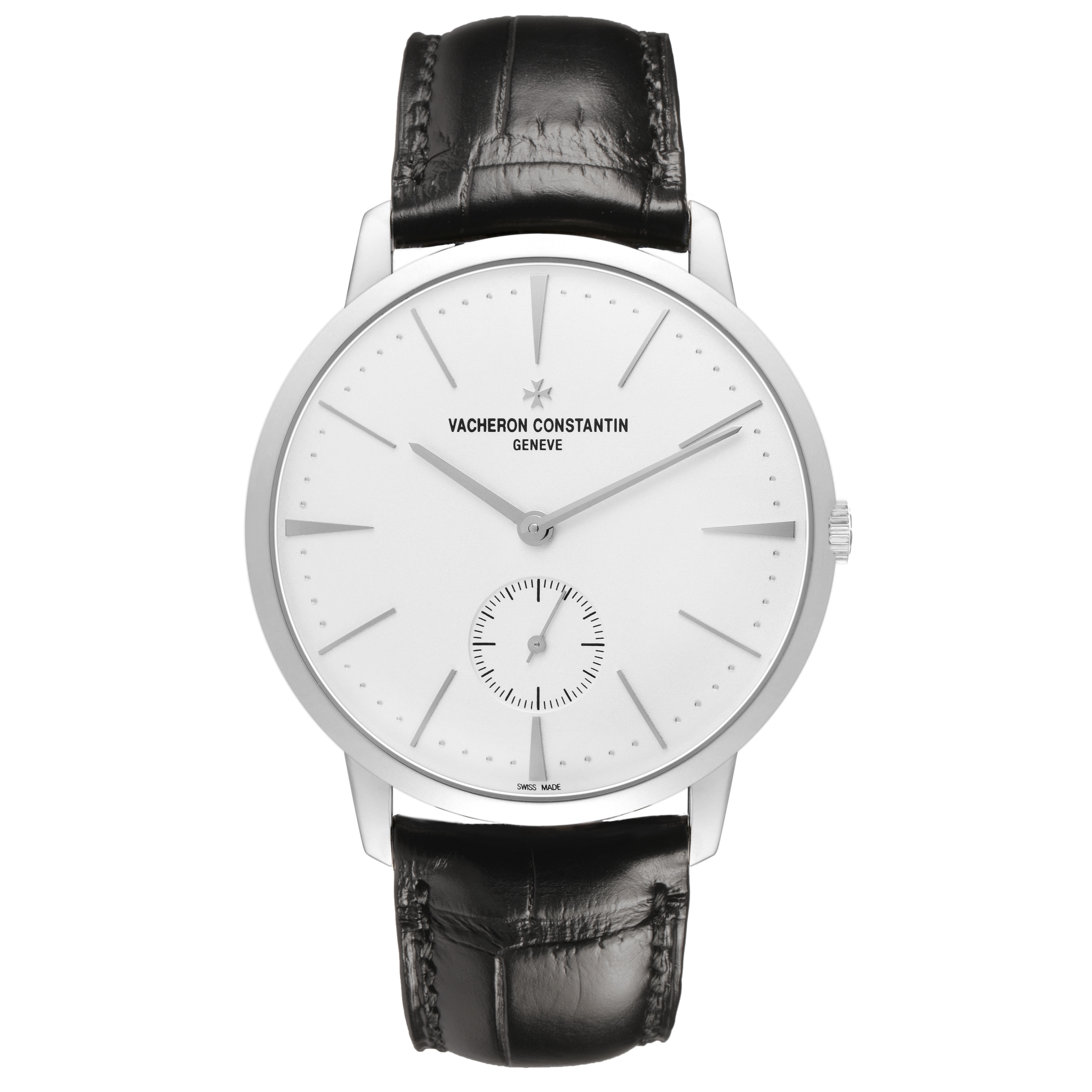 The image shows a front view of the Vacheron Constantin Patrimony 1110U/000G-B086 Men's White Gold Silver Dial watch, highlighting the dial, hands, strap, and crown.