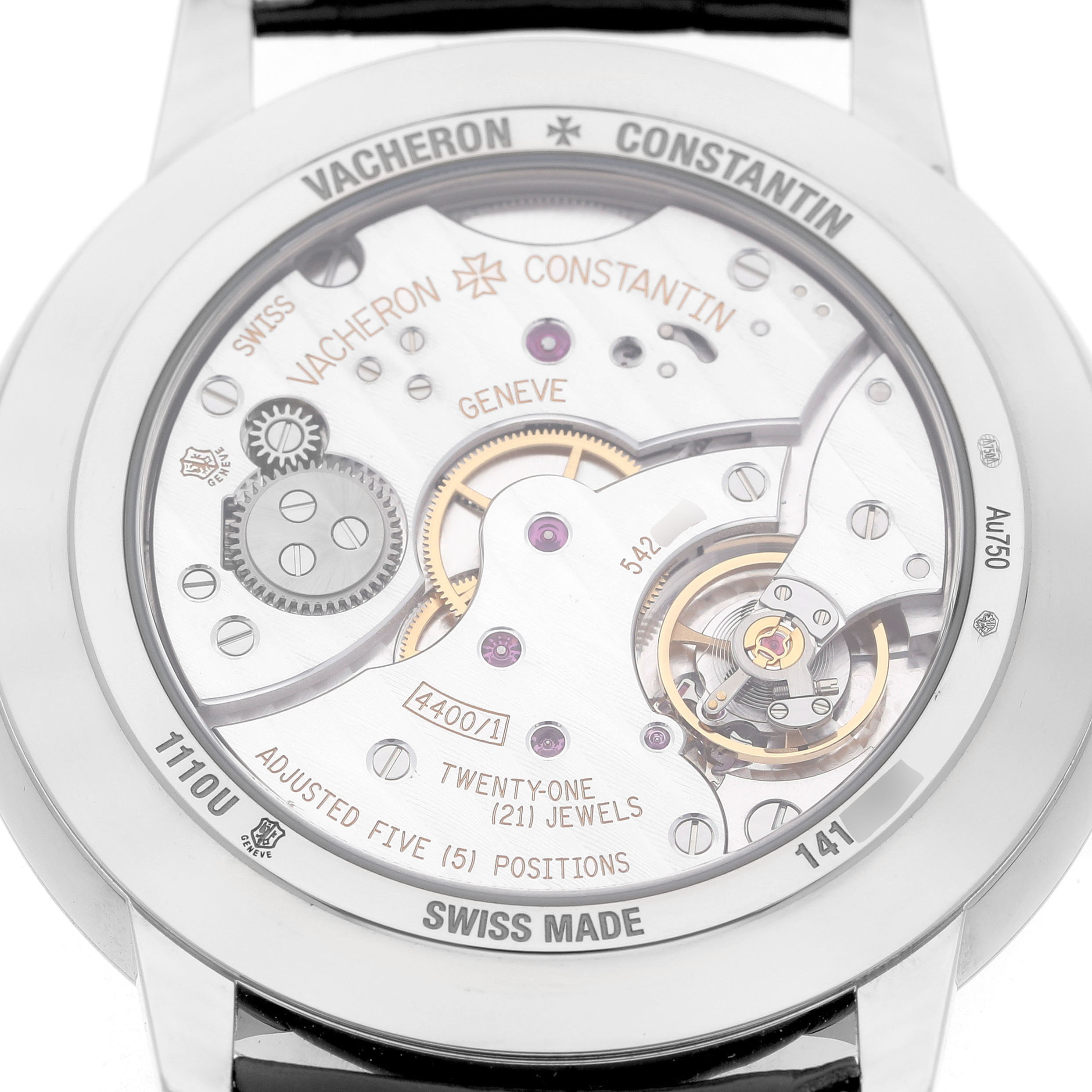 The image shows a rear view of the Vacheron Constantin Patrimony 1110U/000G-B086 Men's White Gold Silver Dial watch, highlighting its movement and internal components.