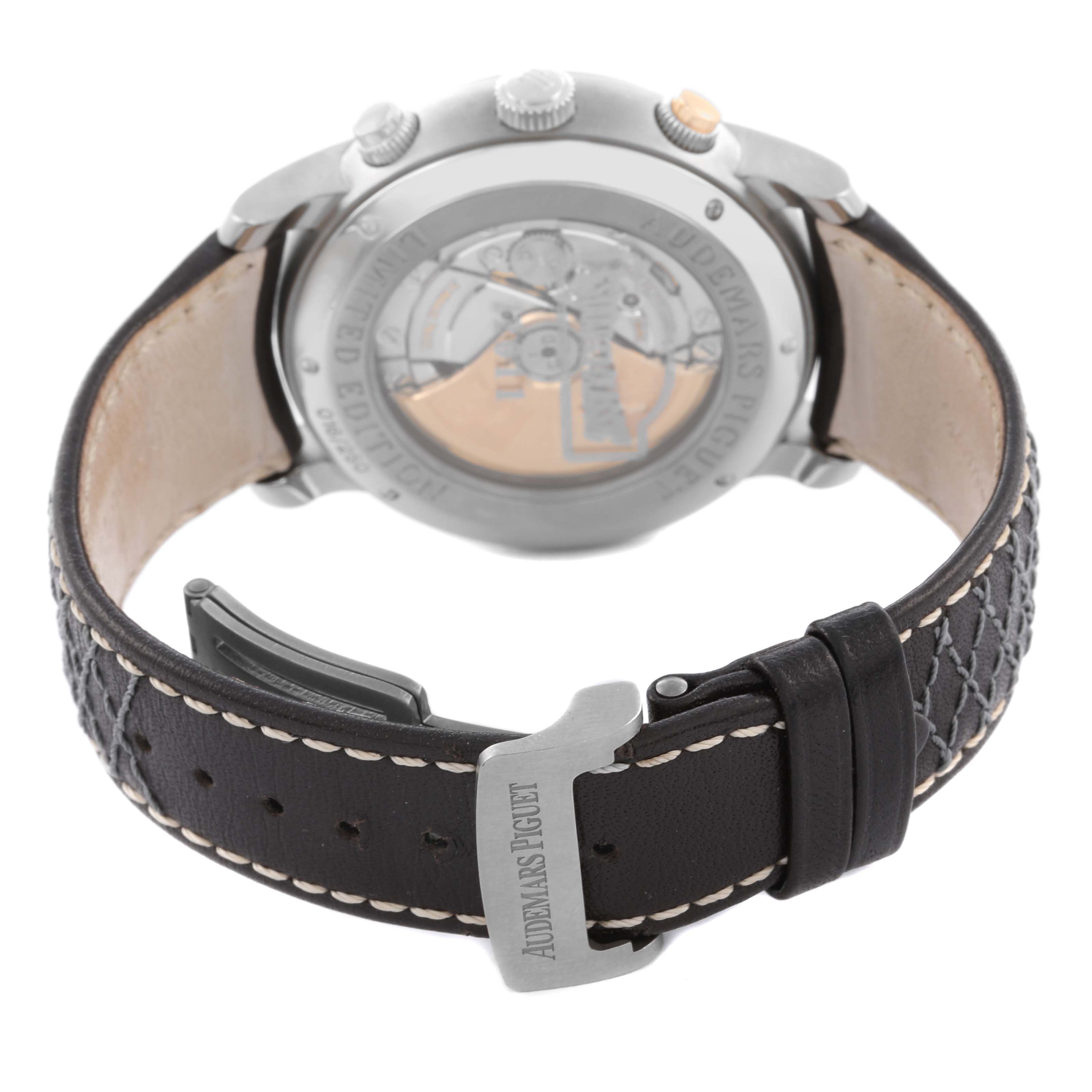 The image shows the back and strap of the Audemars Piguet Jules 26558TI.OO.D080VE.01 Men's Titanium Grey Dial 26558TI.OO.D080VE.01 Men's Titanium Grey Dial model, highlighting the movement and clasp.