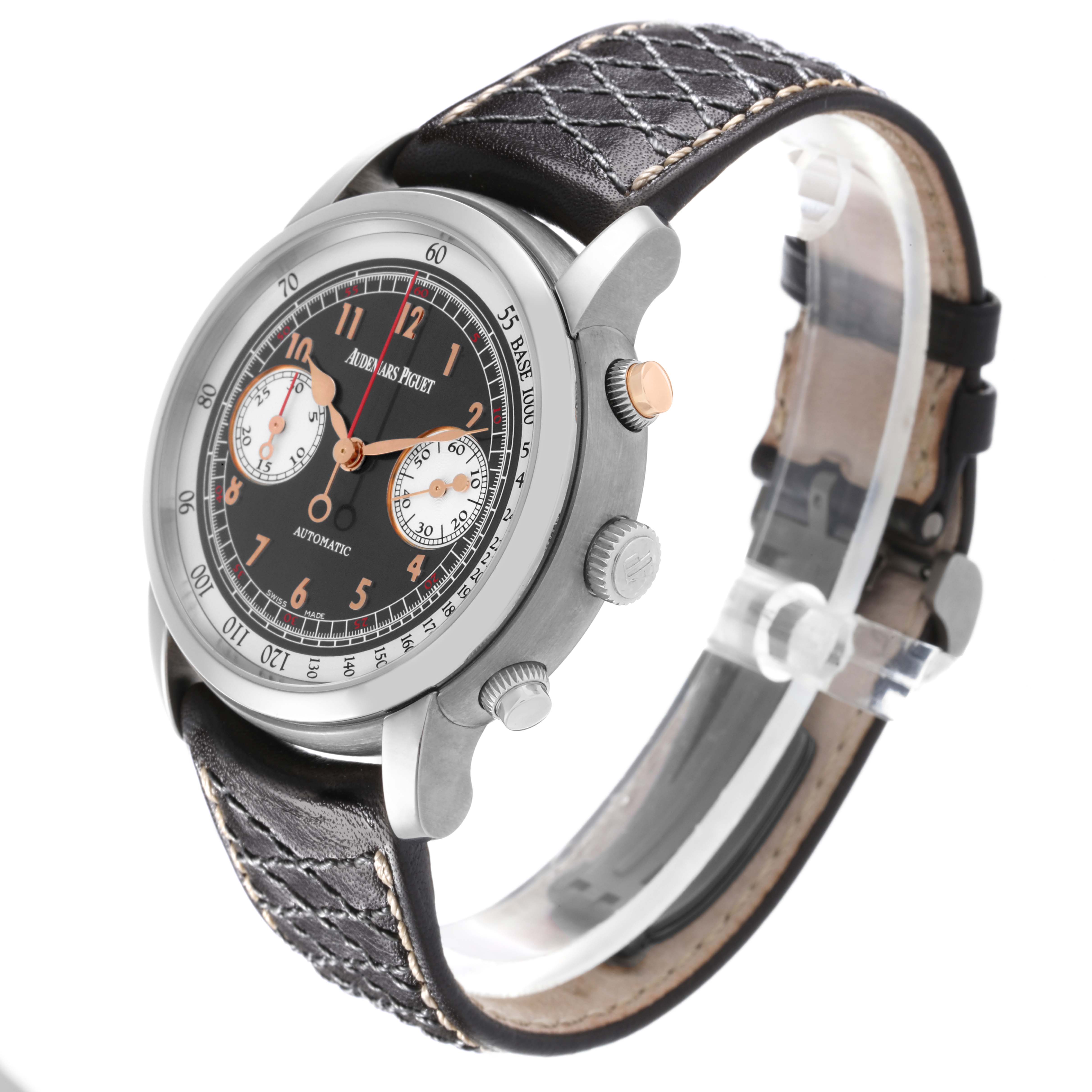 The image shows an angled view of the Audemars Piguet Jules 26558TI.OO.D080VE.01 Men's Titanium Grey Dial 26558TI.OO.D080VE.01 Men's Titanium Grey Dial watch, highlighting the dial, case, crown, and black leather strap.