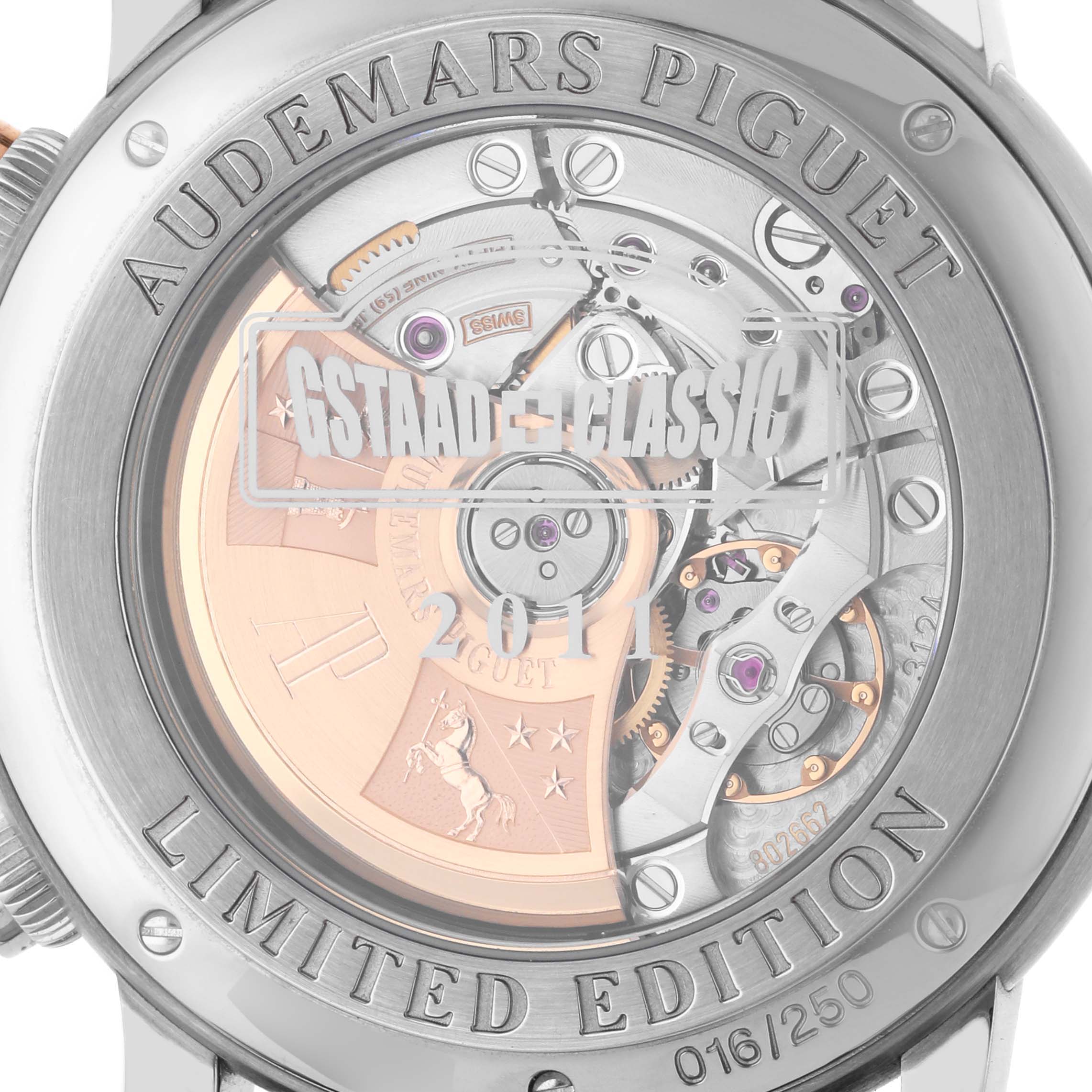 The image shows the back of the Audemars Piguet Jules 26558TI.OO.D080VE.01 Men's Titanium Grey Dial 26558TI.OO.D080VE.01 Men's Titanium Grey Dial watch, highlighting its mechanical movement and limited edition engraving.