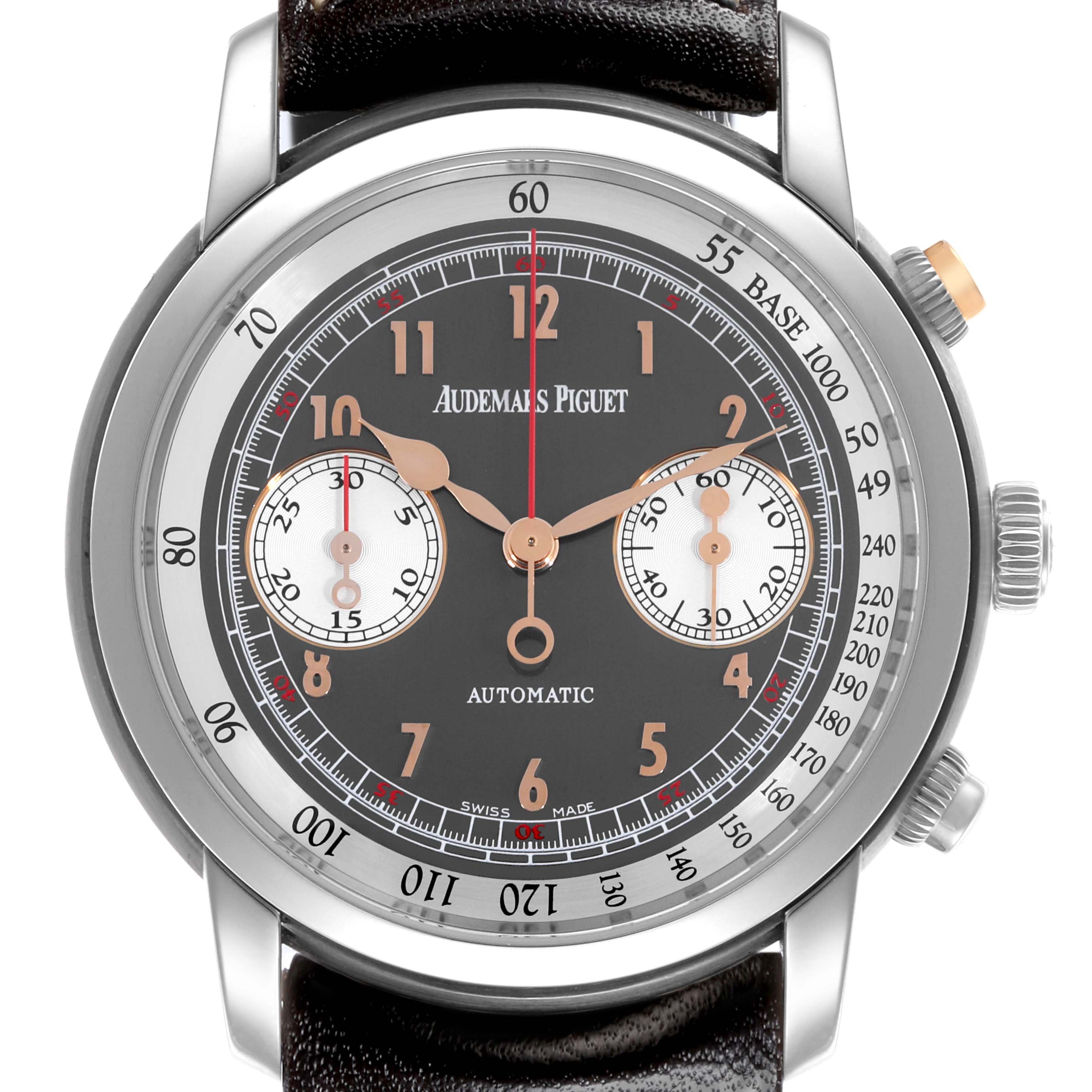 The Audemars Piguet Jules 26558TI.OO.D080VE.01 Men's Titanium Grey Dial 26558TI.OO.D080VE.01 Men's Titanium Grey Dial watch is shown from a front view, displaying its dial, hands, and subdials.