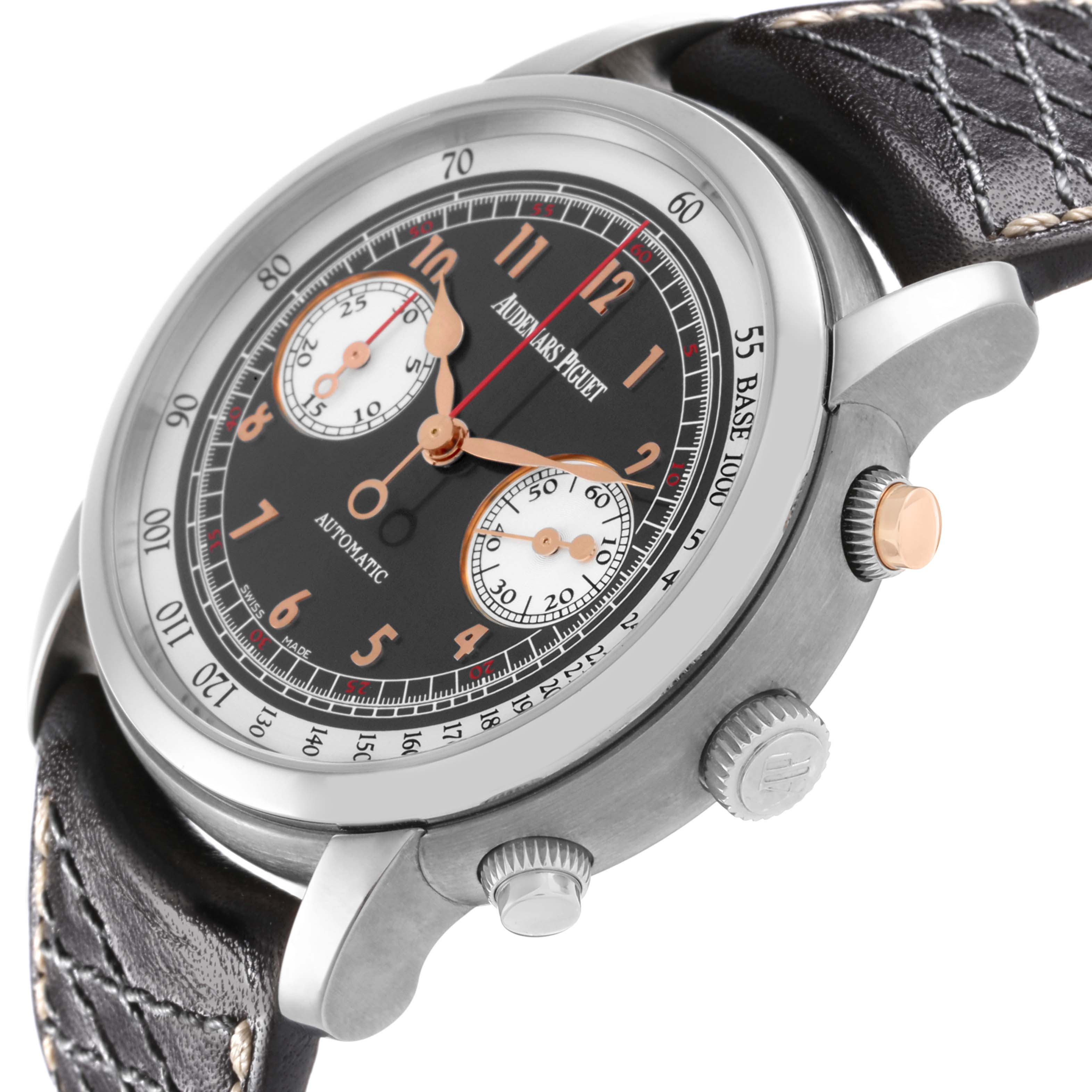 The image shows a side angle of the Audemars Piguet Jules 26558TI.OO.D080VE.01 Men's Titanium Grey Dial 26558TI.OO.D080VE.01 Men's Titanium Grey Dial model, highlighting the dial, crown, and chronograph pushers.