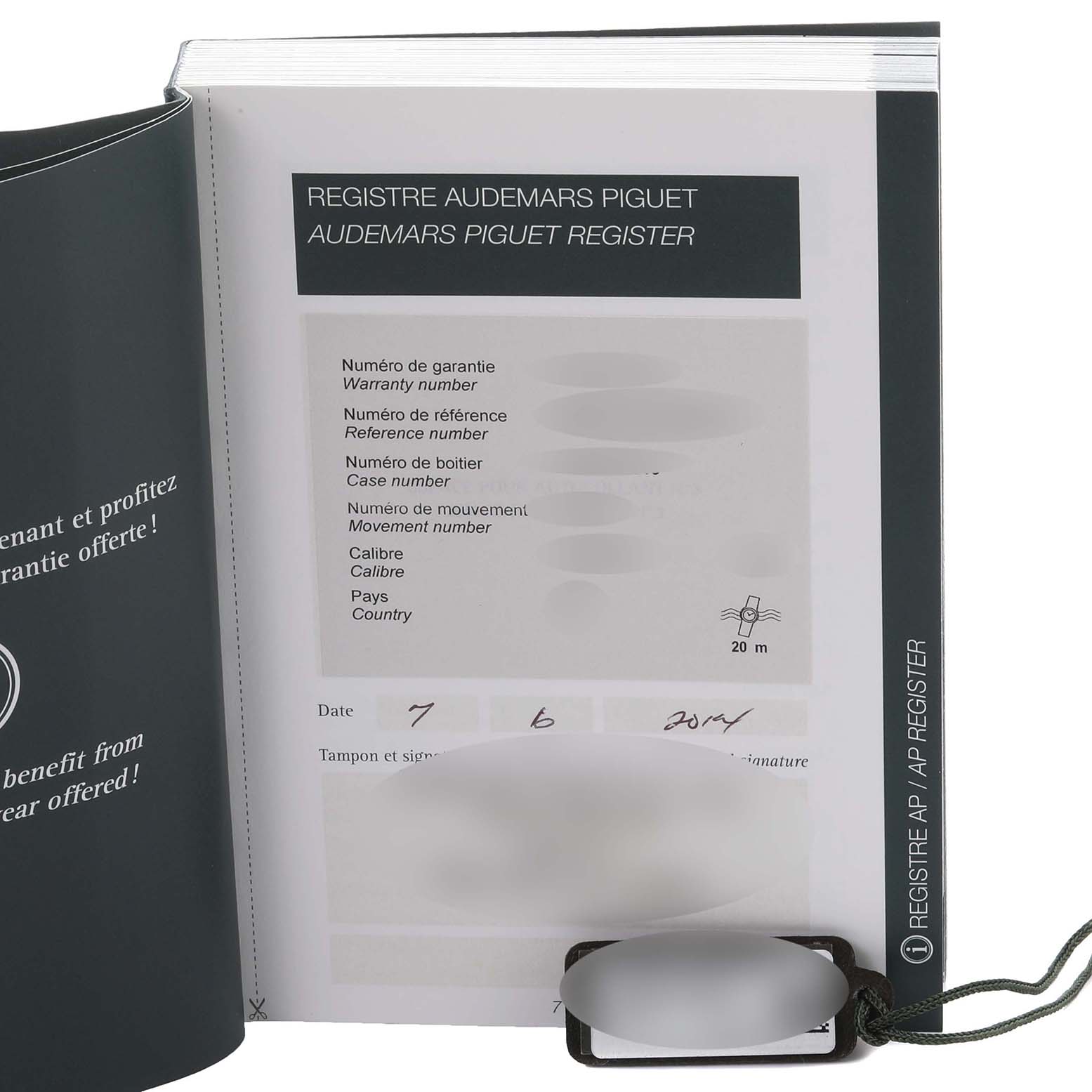 The image shows the registration book for an Audemars Piguet Jules 26558TI.OO.D080VE.01 Men's Titanium Grey Dial 26558TI.OO.D080VE.01 Men's Titanium Grey Dial model, including warranty and reference details.