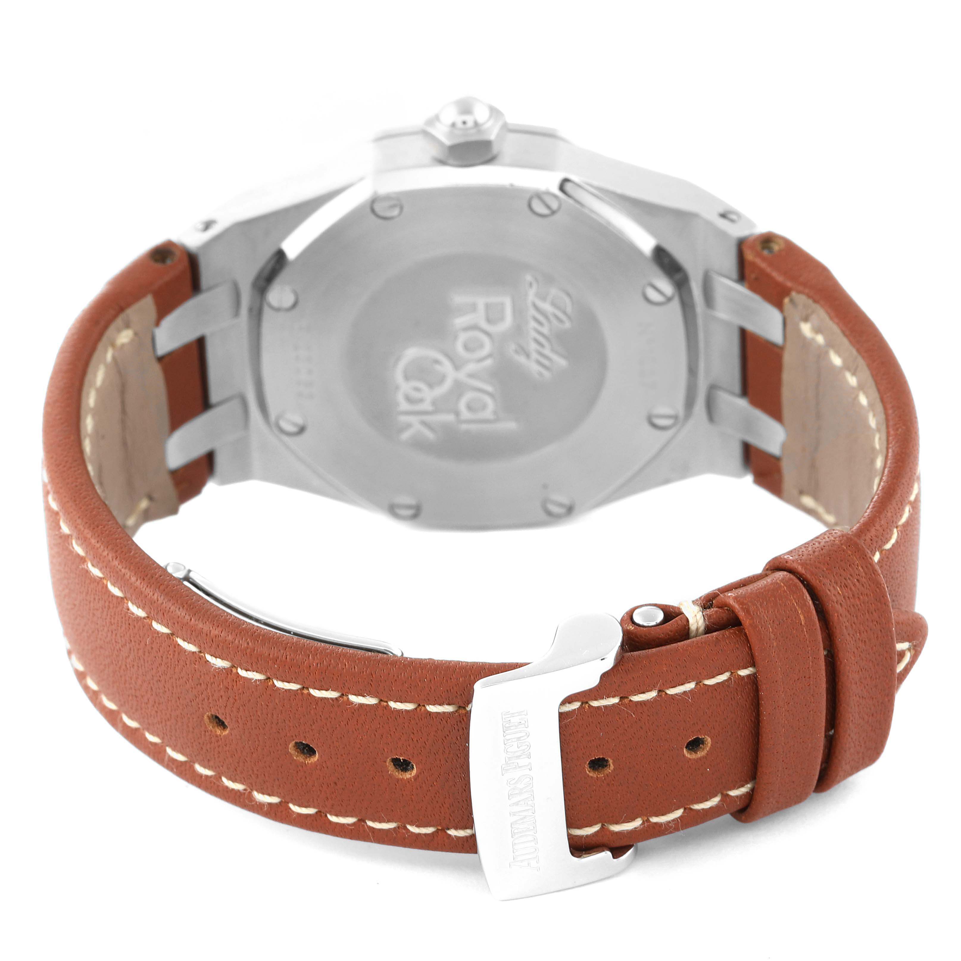 This image shows the back case and strap of a Royal Oak model by Audemars Piguet from a rear angle.