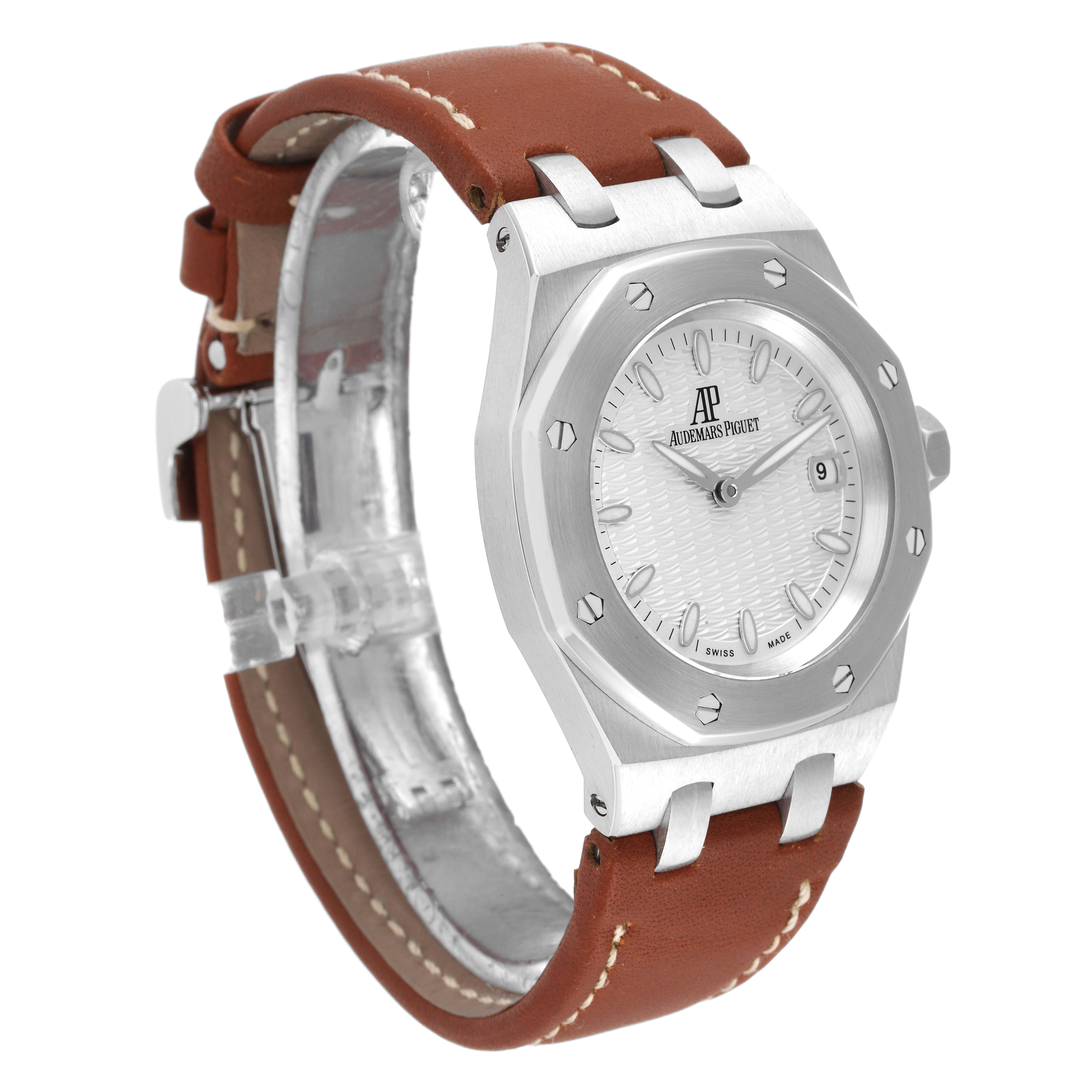 This image shows a side angle of an Audemars Piguet Royal Oak 67600ST.OO.D080VS.01 Women's Stainless Steel Silver Dial 67600ST.OO.D080VS.01 Women's Stainless Steel Silver Dial model watch with a brown leather strap.