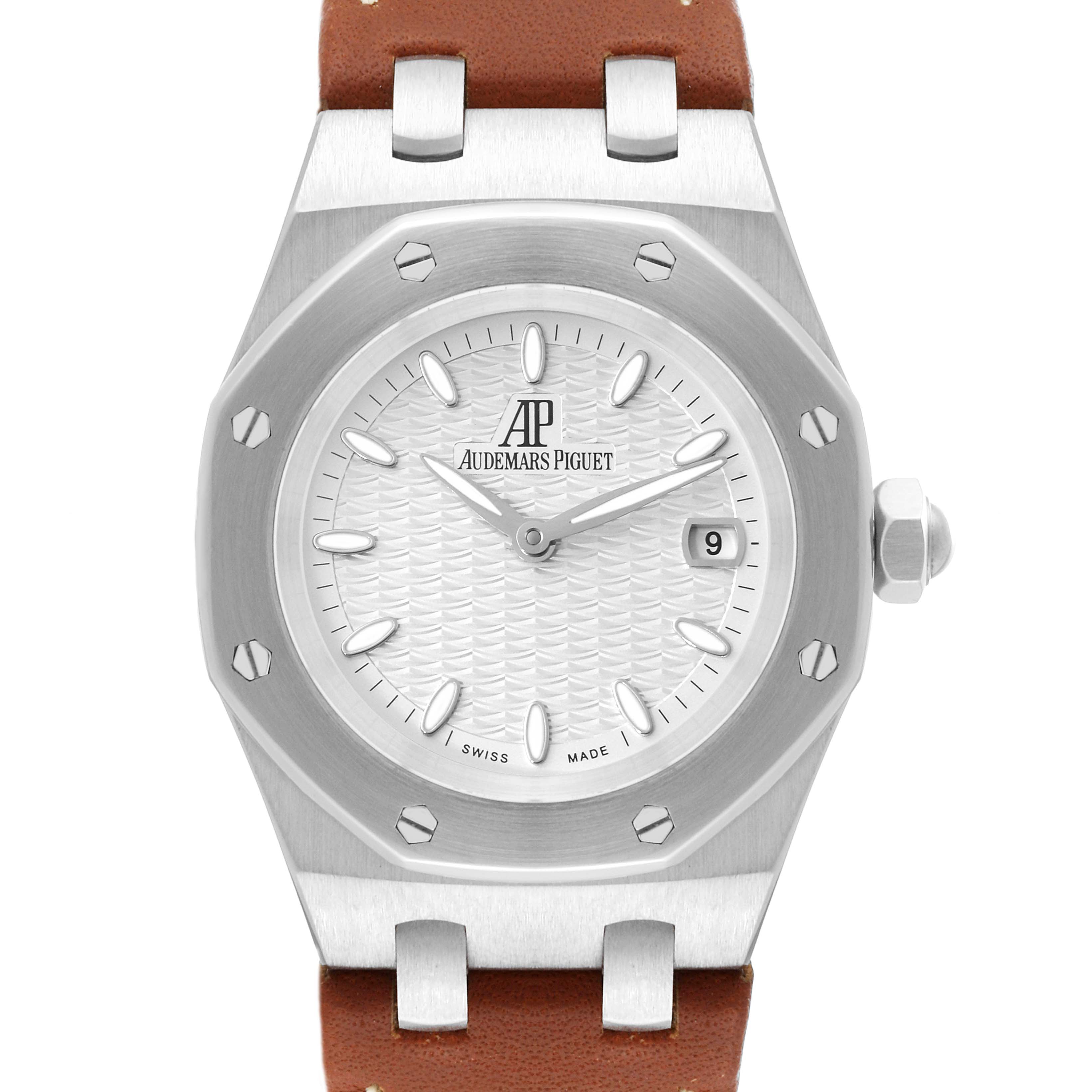 This image shows the front view of an Audemars Piguet Royal Oak 67600ST.OO.D080VS.01 Women's Stainless Steel Silver Dial 67600ST.OO.D080VS.01 Women's Stainless Steel Silver Dial watch, showcasing its bezel, dial, crown, and part of the strap.