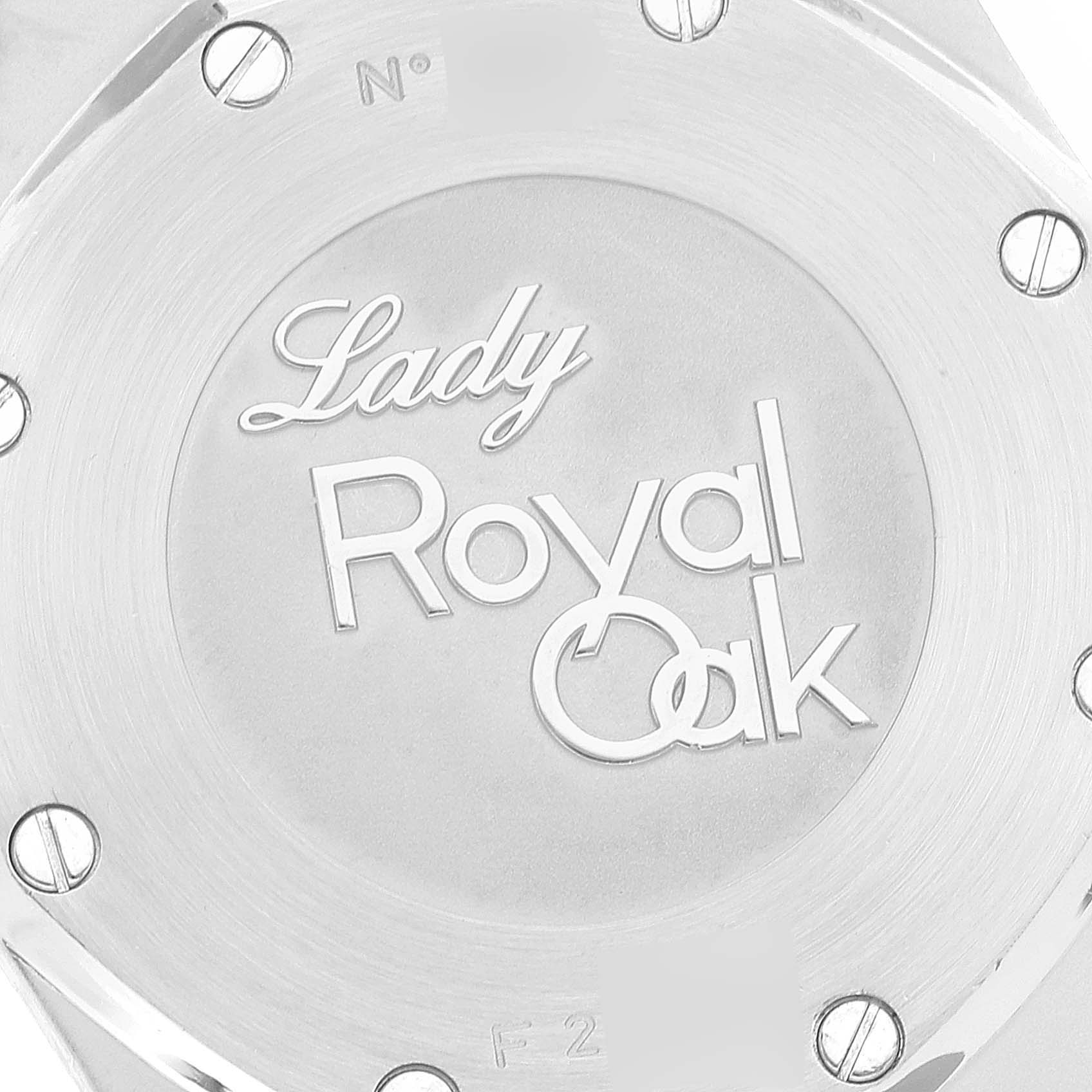 The image shows the back case of an Audemars Piguet Royal Oak 67600ST.OO.D080VS.01 Women's Stainless Steel Silver Dial 67600ST.OO.D080VS.01 Women's Stainless Steel Silver Dial Lady model watch.