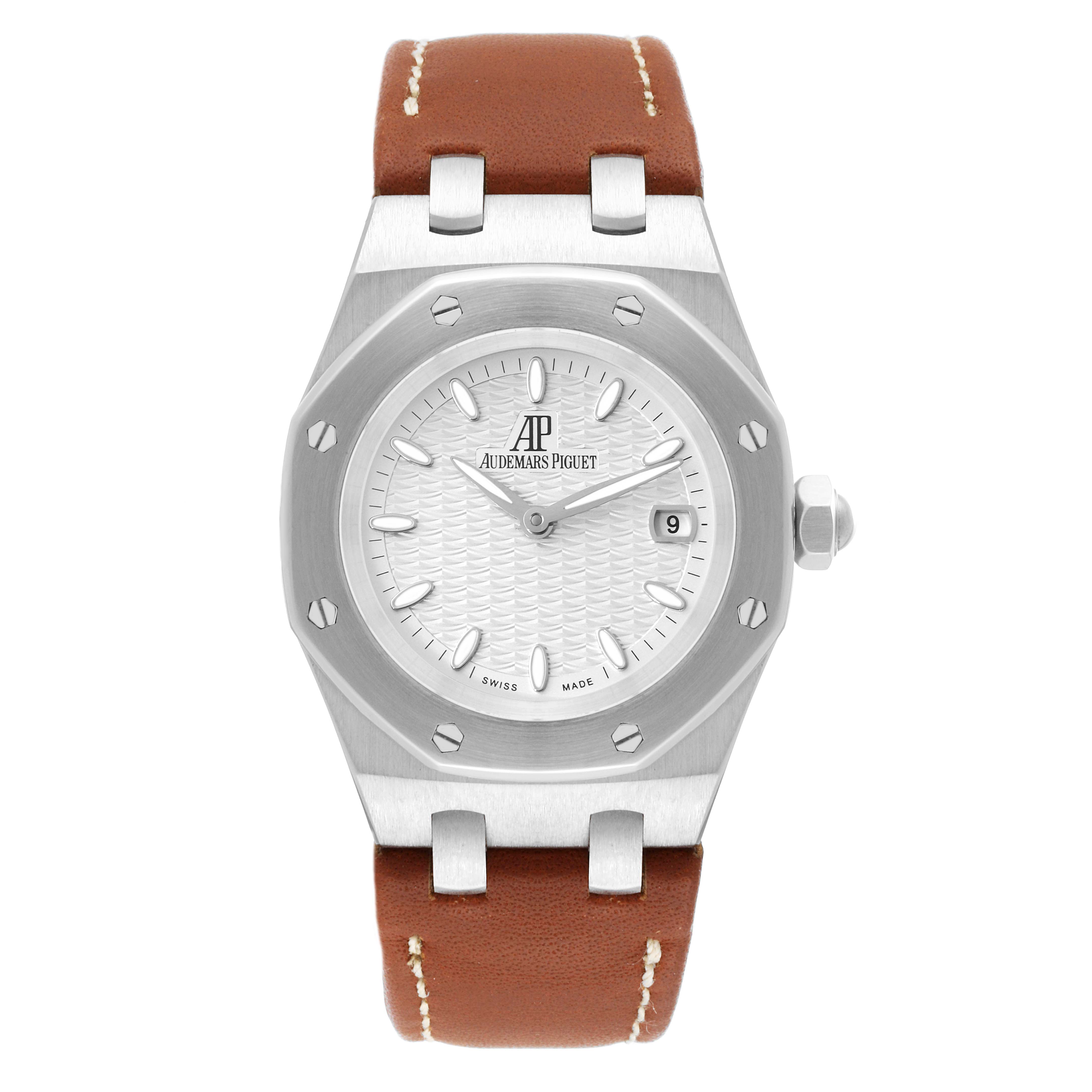 This image shows a front view of an Audemars Piguet Royal Oak 67600ST.OO.D080VS.01 Women's Stainless Steel Silver Dial 67600ST.OO.D080VS.01 Women's Stainless Steel Silver Dial watch, highlighting the dial, bezel, and leather strap.