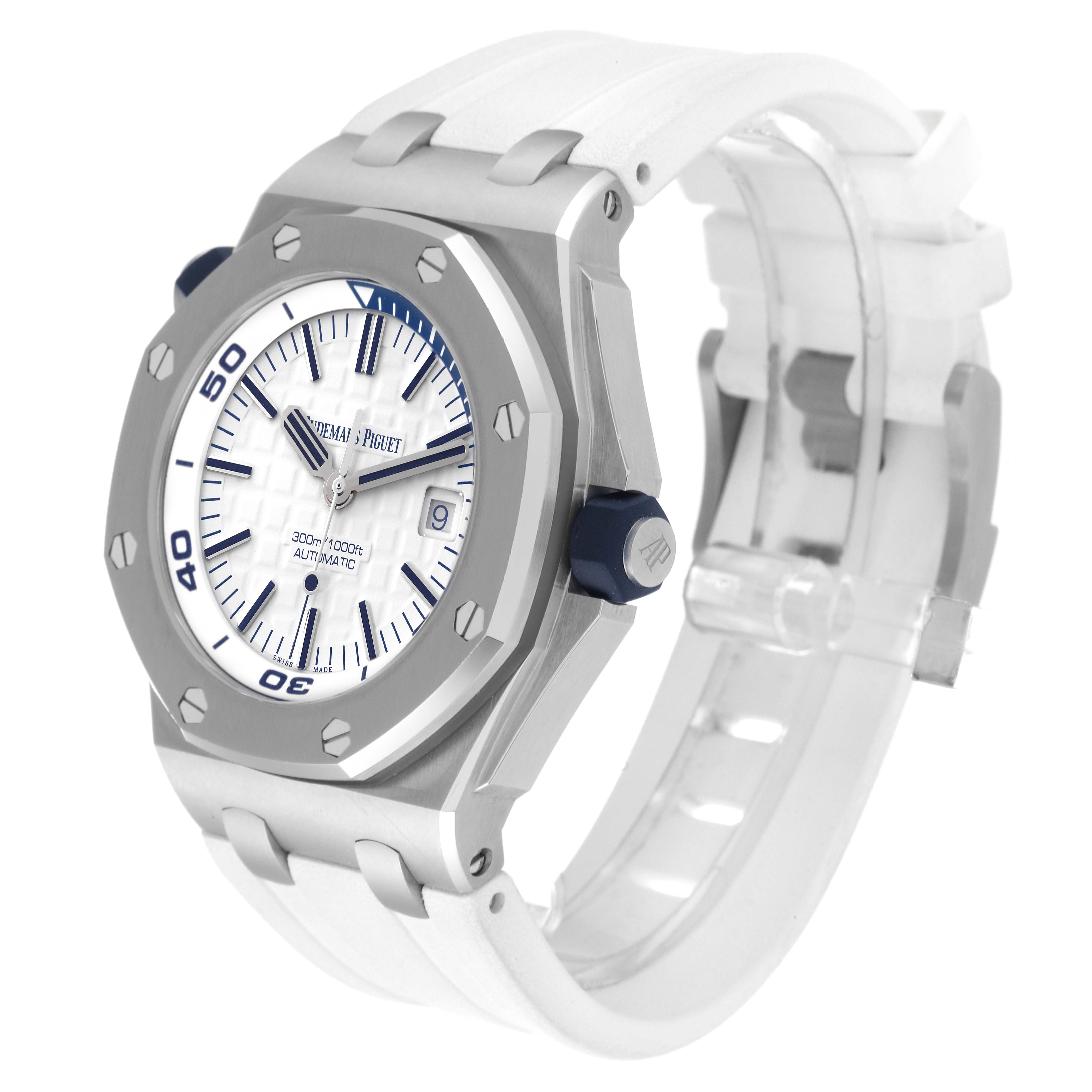 The image shows a side-angle view of an Audemars Piguet Royal Oak Offshore 15710ST.00.A002CA.02 Men's Stainless Steel White Dial 15710ST.00.A002CA.02 Men's Stainless Steel White Dial watch, highlighting its case, dial, bezel, and strap.