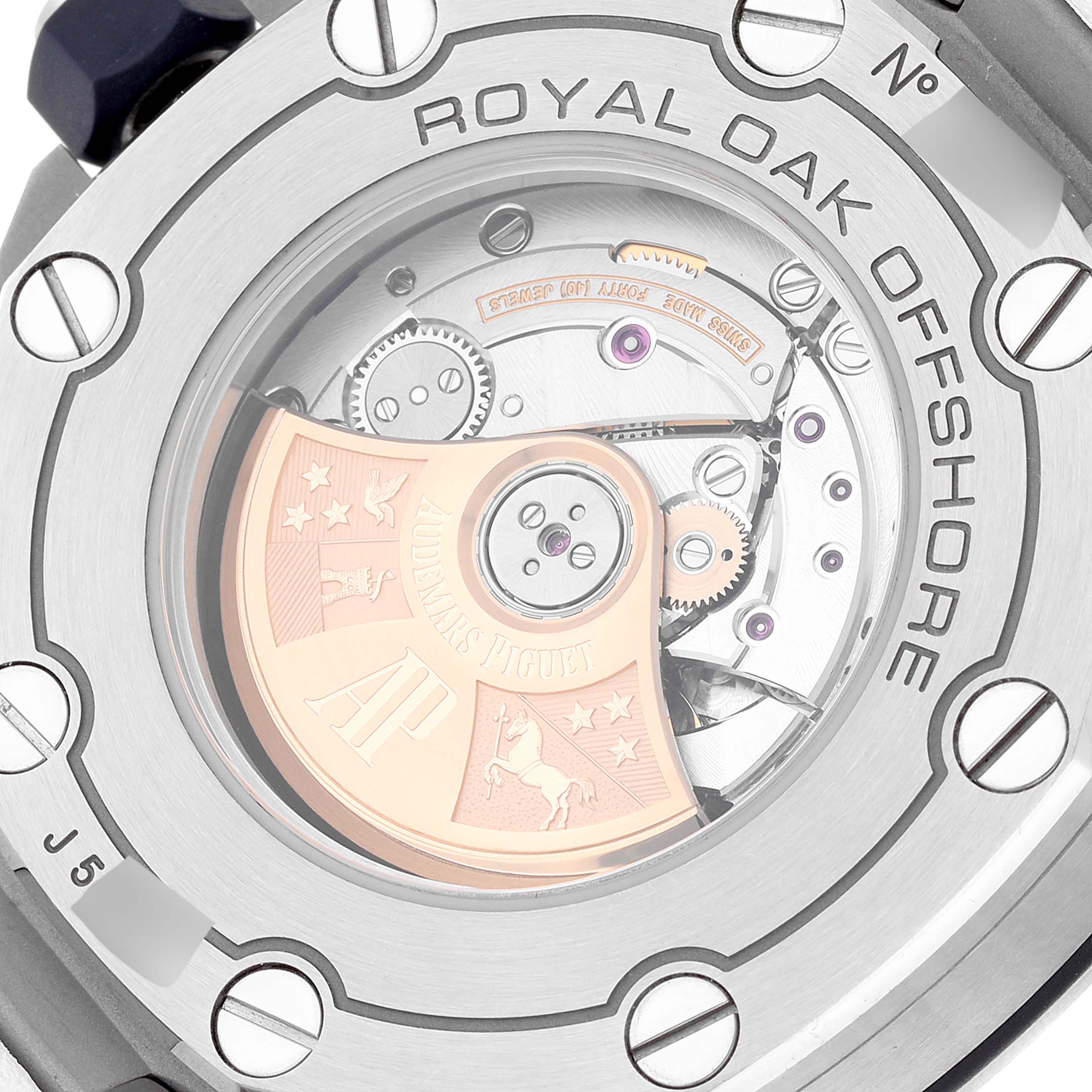This image shows a close-up view of the back of the Royal Oak Offshore watch by Audemars Piguet, highlighting its inner mechanical components.