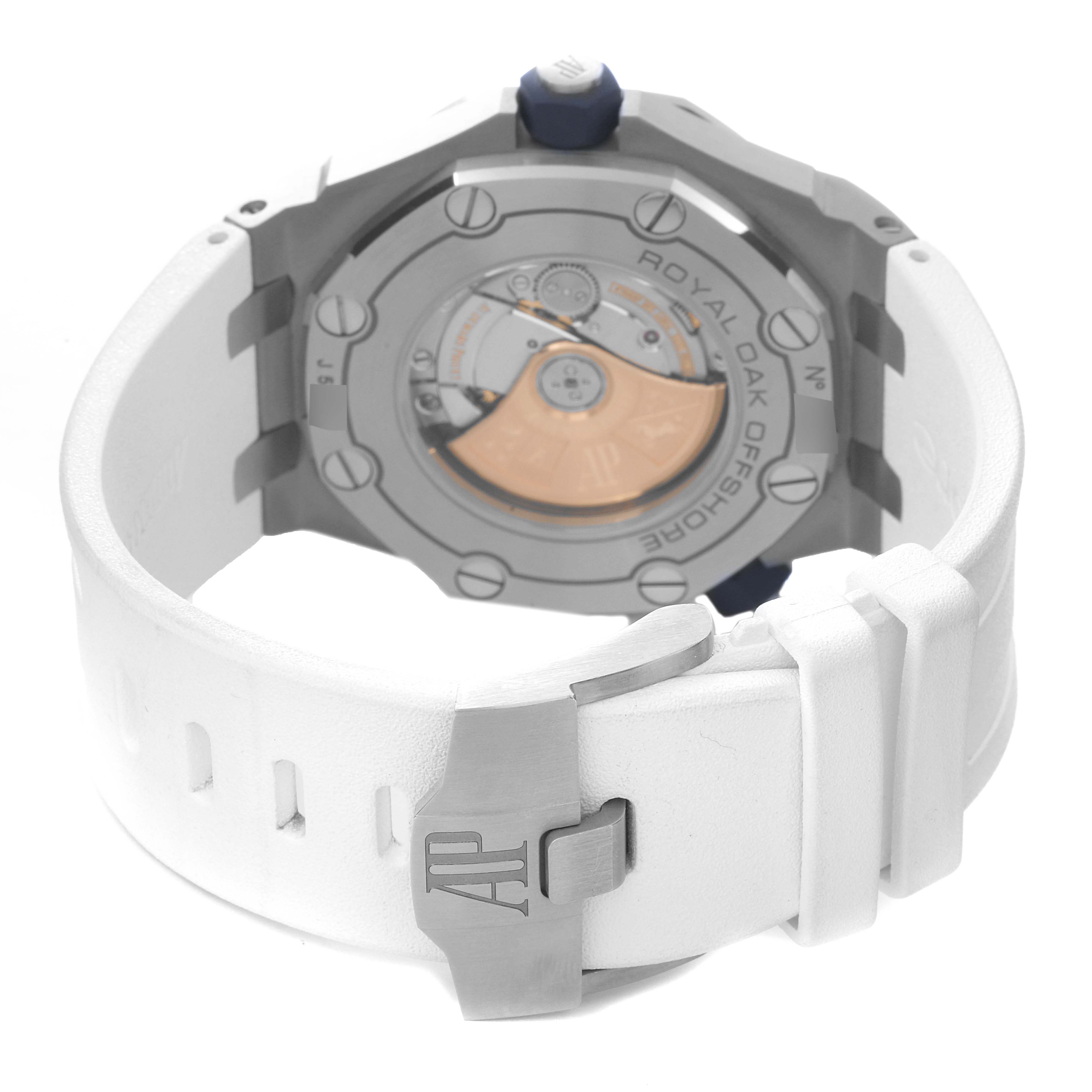 The image shows a rear angle of an Audemars Piguet Royal Oak Offshore 15710ST.00.A002CA.02 Men's Stainless Steel White Dial 15710ST.00.A002CA.02 Men's Stainless Steel White Dial watch, highlighting its case back, strap, and clasp.