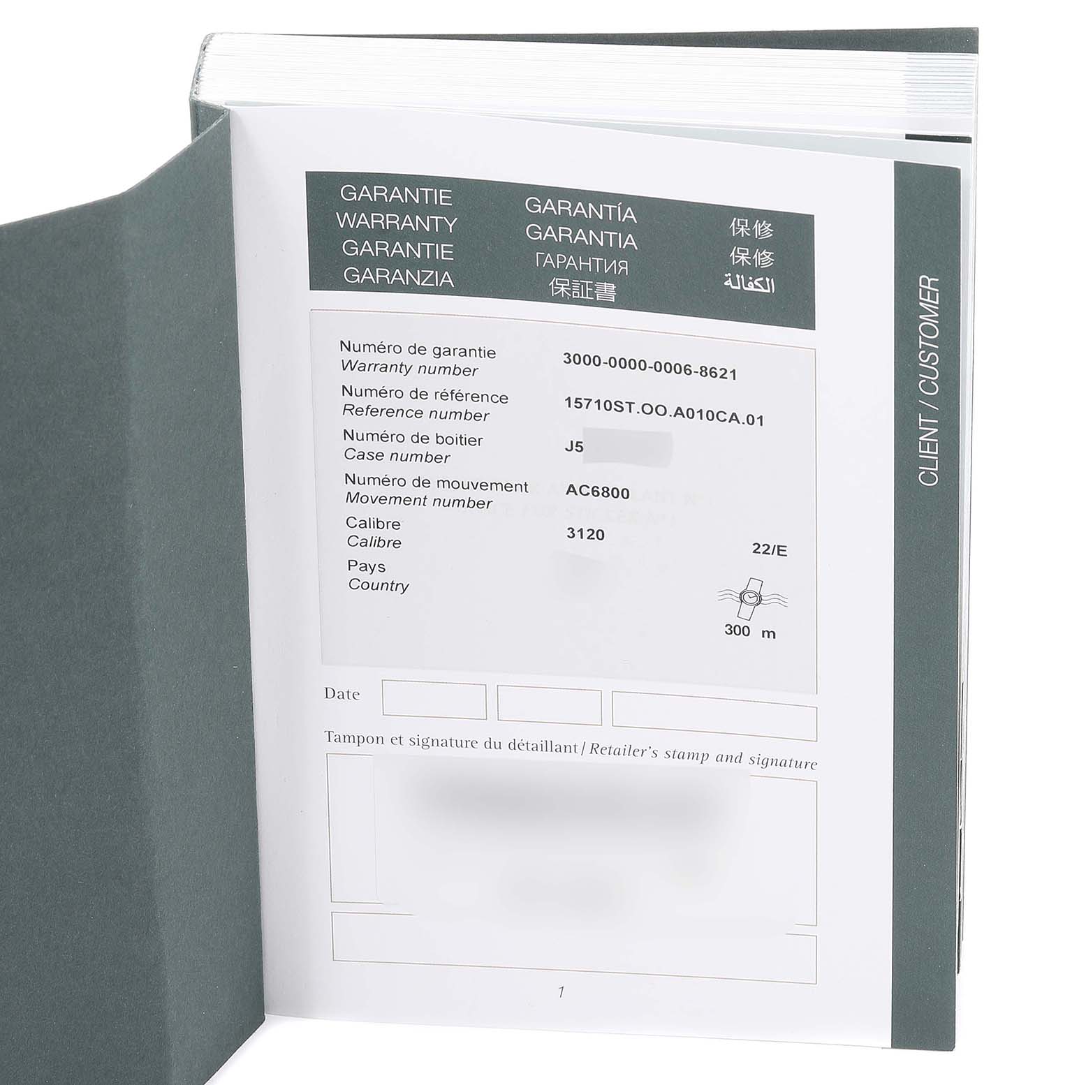 This image shows the warranty booklet for an Audemars Piguet Royal Oak Offshore 15710ST.00.A002CA.02 Men's Stainless Steel White Dial 15710ST.00.A002CA.02 Men's Stainless Steel White Dial watch, displaying various details and reference numbers.