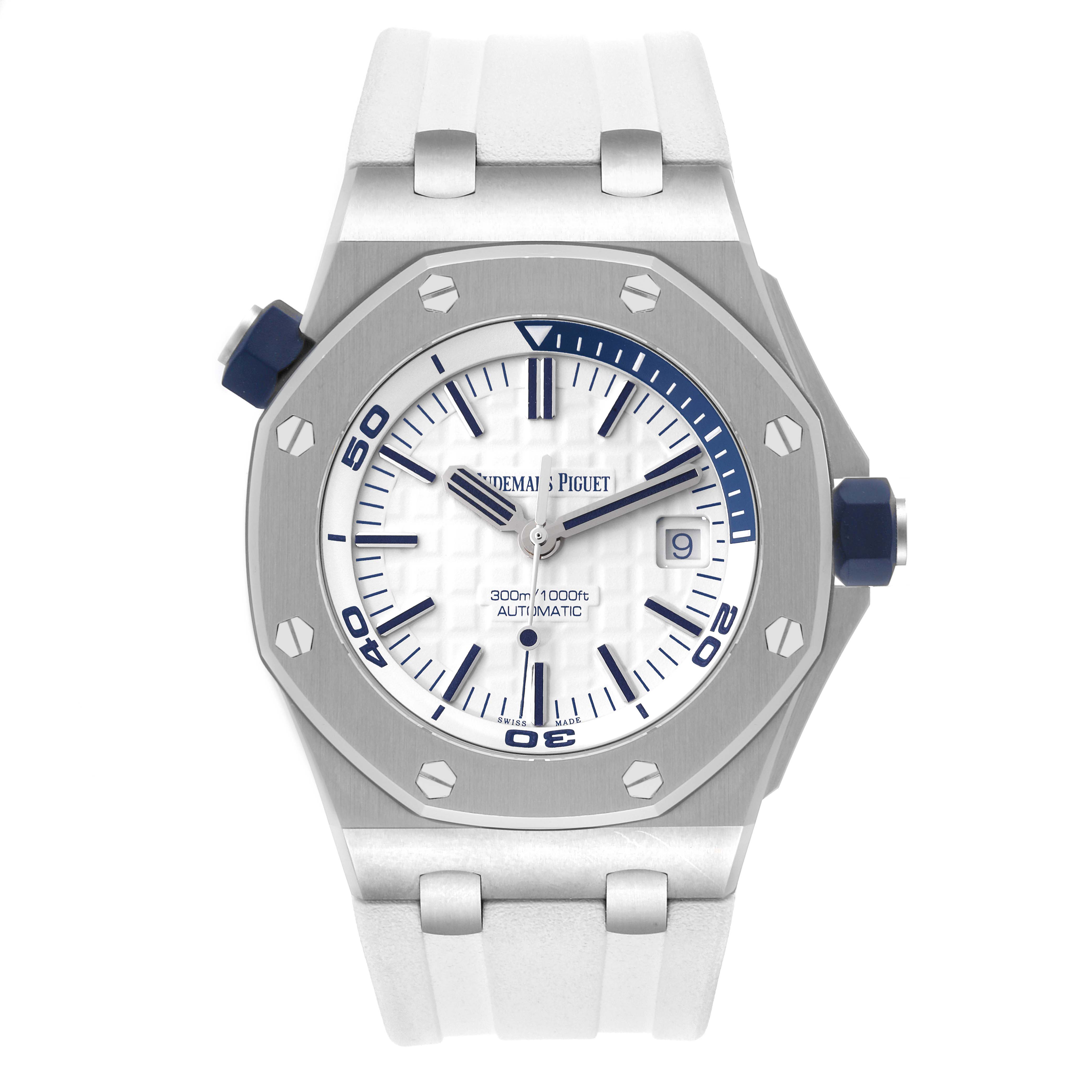 The image shows a front view of the Audemars Piguet Royal Oak Offshore 15710ST.00.A002CA.02 Men's Stainless Steel White Dial 15710ST.00.A002CA.02 Men's Stainless Steel White Dial watch, highlighting the dial, bezel, and strap.