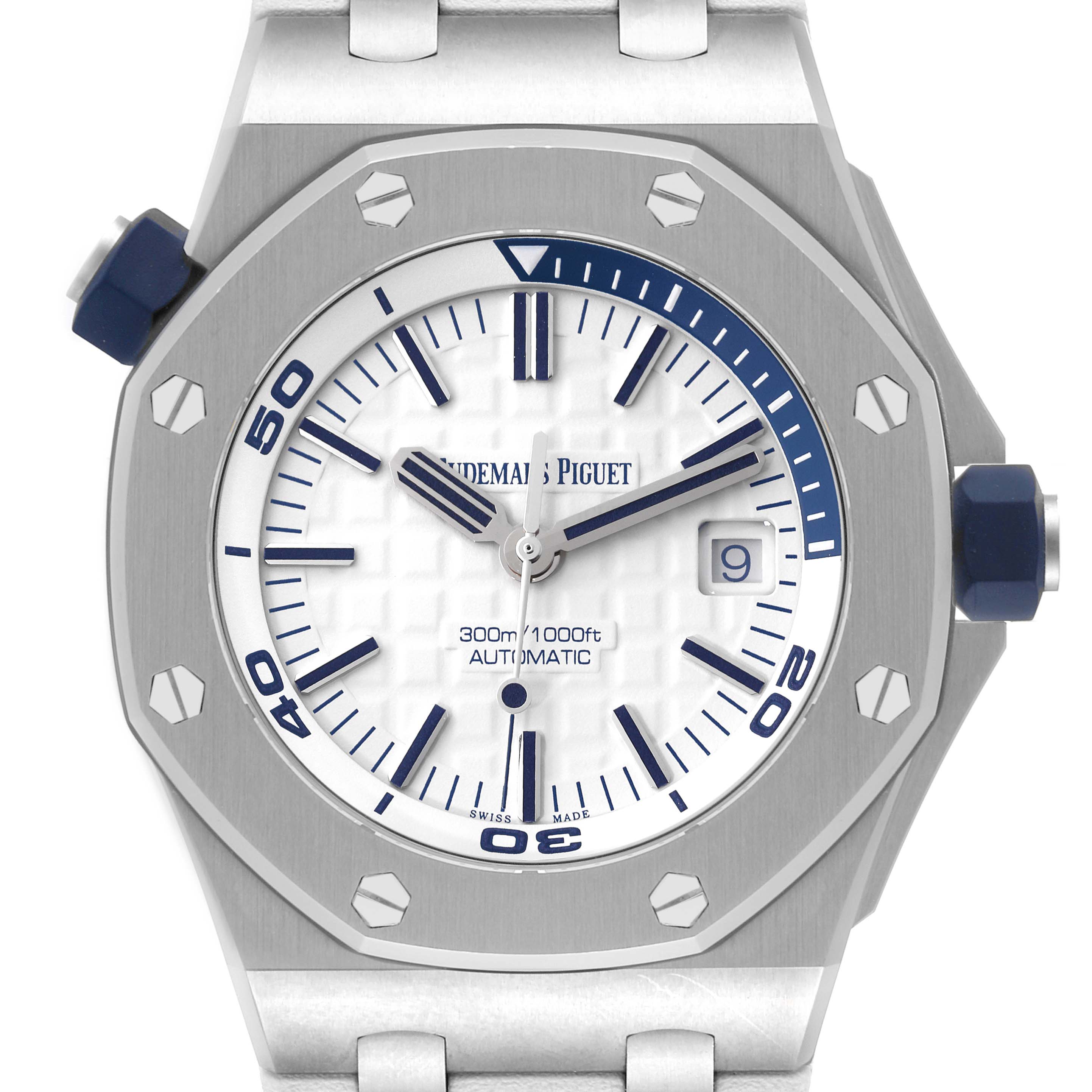 The image shows a front view of an Audemars Piguet Royal Oak Offshore 15710ST.00.A002CA.02 Men's Stainless Steel White Dial 15710ST.00.A002CA.02 Men's Stainless Steel White Dial watch, highlighting the face, bezel, and crown.