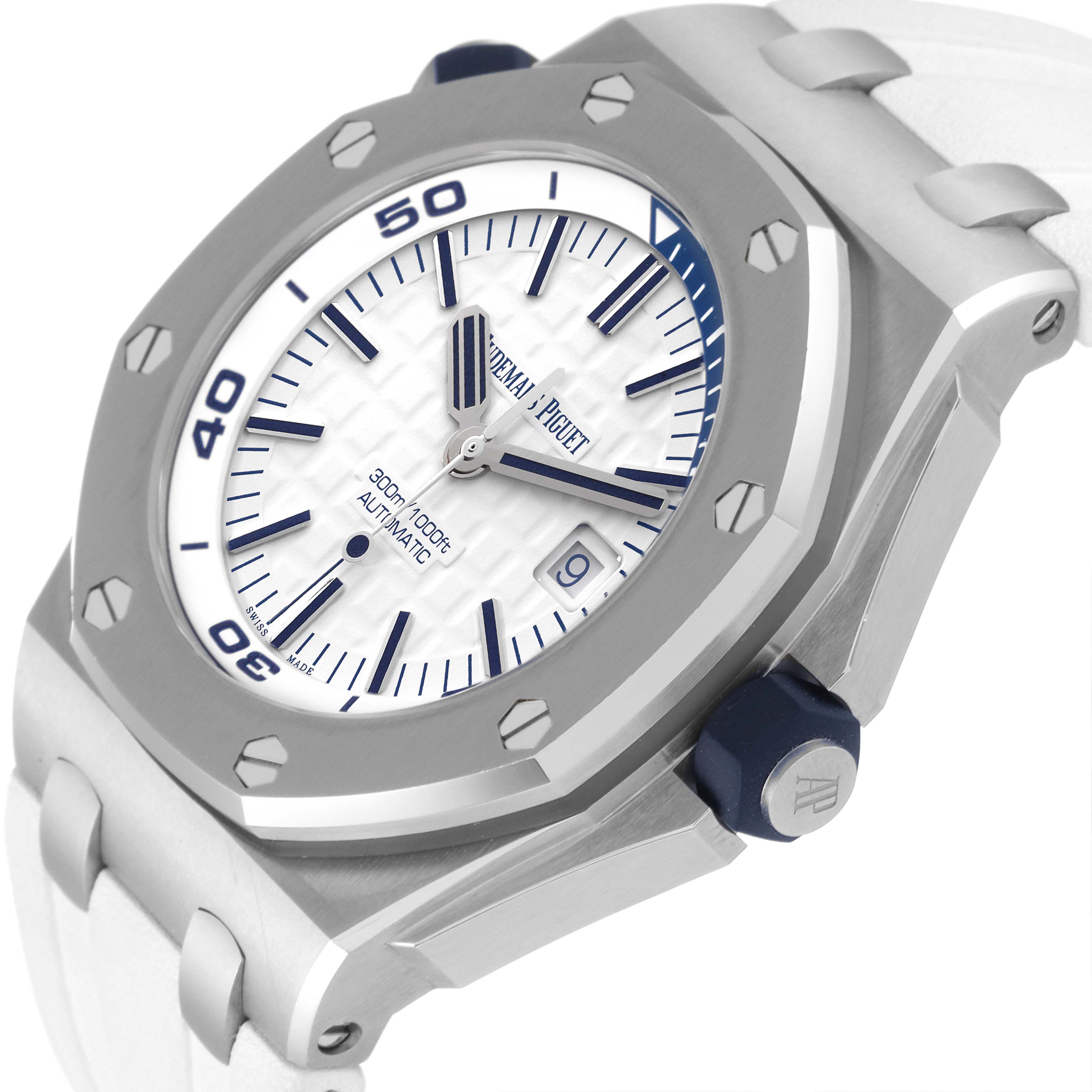 The image shows a close-up of the dial, bezel, crown, and part of the white strap of the Audemars Piguet Royal Oak Offshore 15710ST.00.A002CA.02 Men's Stainless Steel White Dial 15710ST.00.A002CA.02 Men's Stainless Steel White Dial watch.