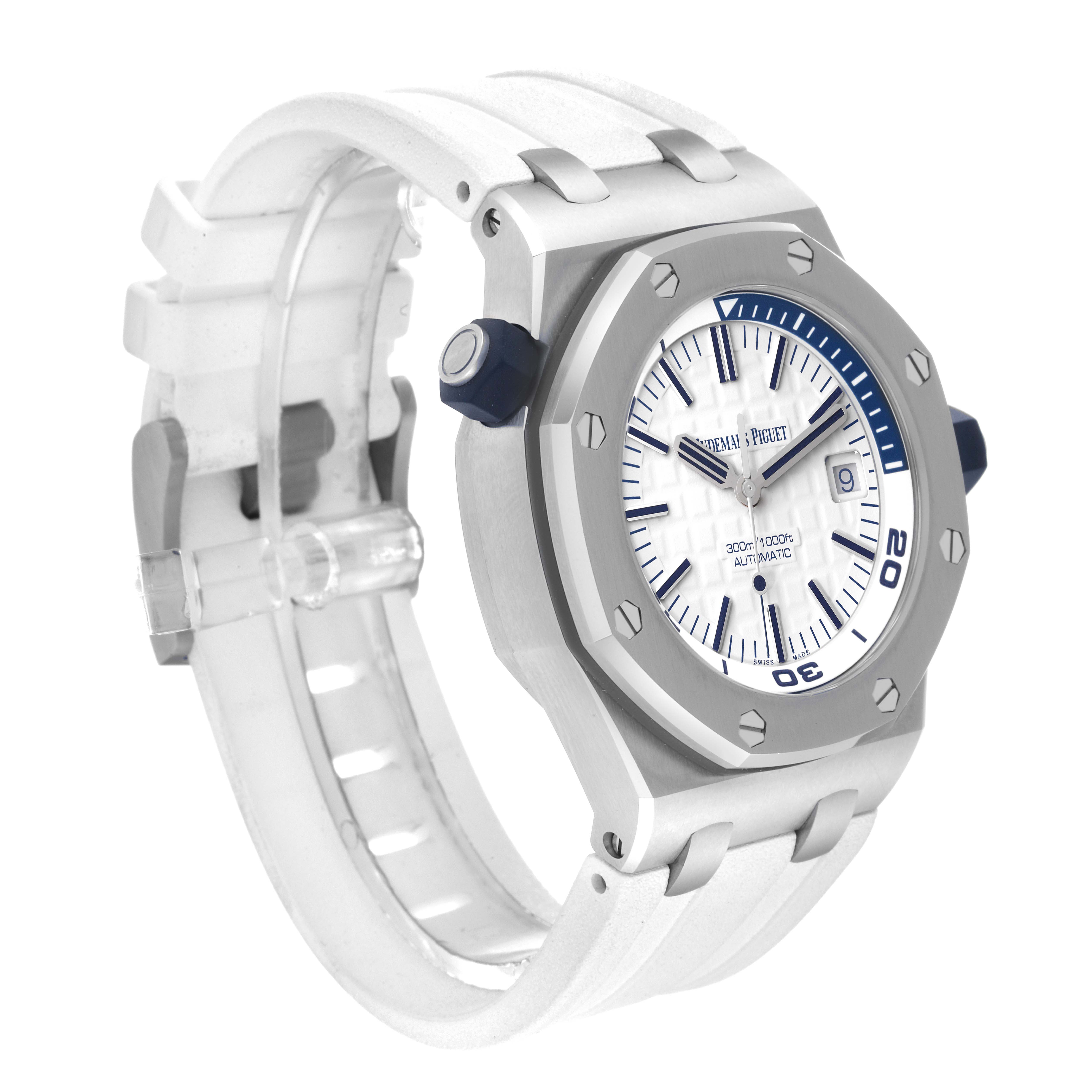 This image shows an angled view of the Audemars Piguet Royal Oak Offshore 15710ST.00.A002CA.02 Men's Stainless Steel White Dial 15710ST.00.A002CA.02 Men's Stainless Steel White Dial watch, highlighting its face, bezel, case, and strap.