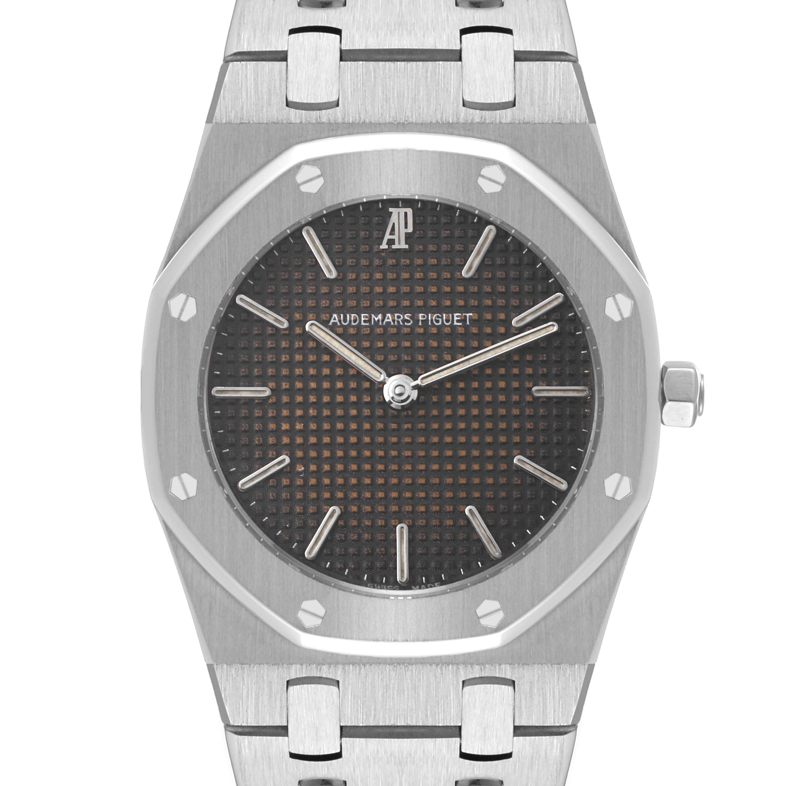 This is a front view of the Audemars Piguet Royal Oak 56303ST Men's Stainless Steel Black Dial 56303ST Men's Stainless Steel Black Dial watch, showcasing the dial, bezel, and part of the bracelet.