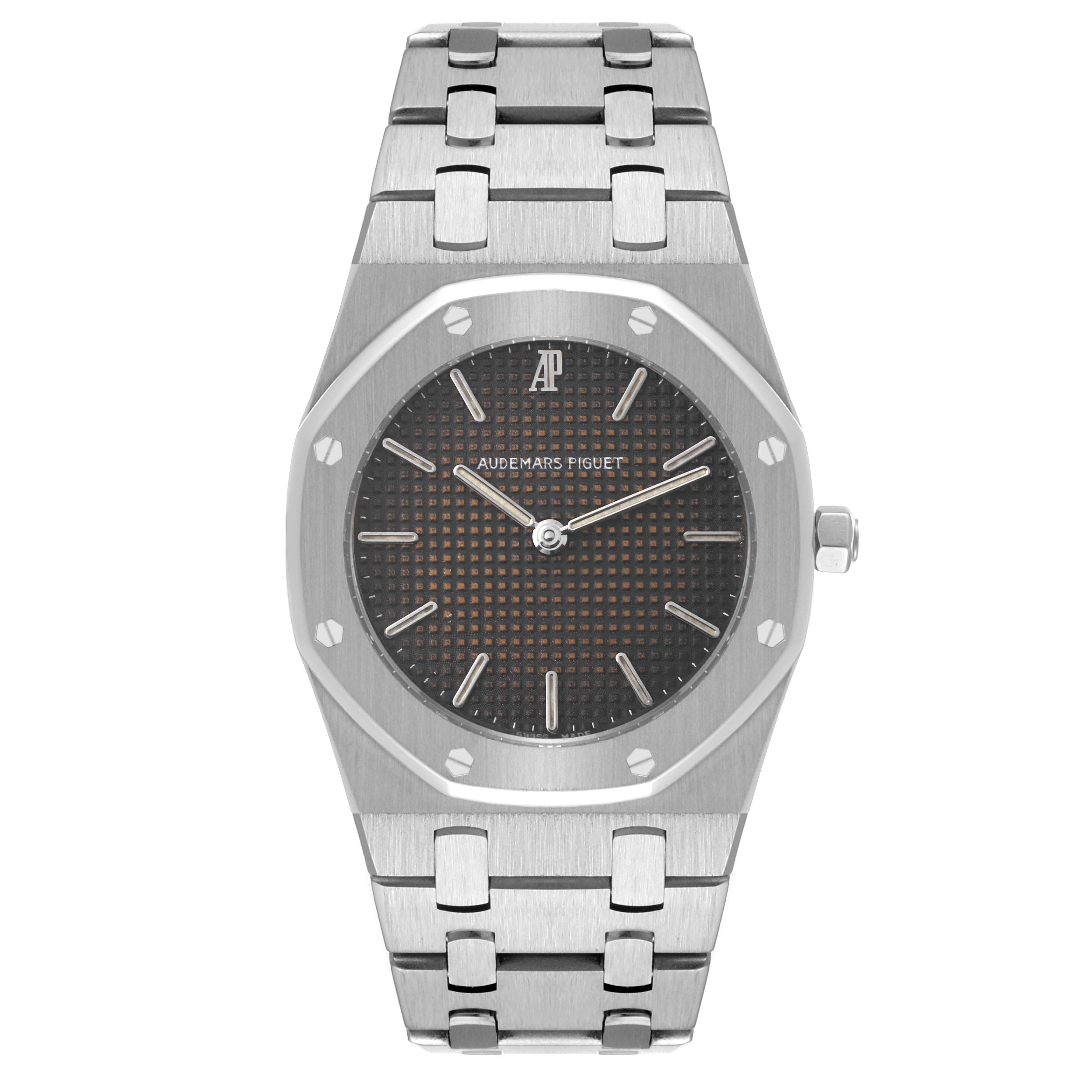 The image shows a front view of an Audemars Piguet Royal Oak 56303ST Men's Stainless Steel Black Dial 56303ST Men's Stainless Steel Black Dial watch, highlighting the dial, bezel, and bracelet.