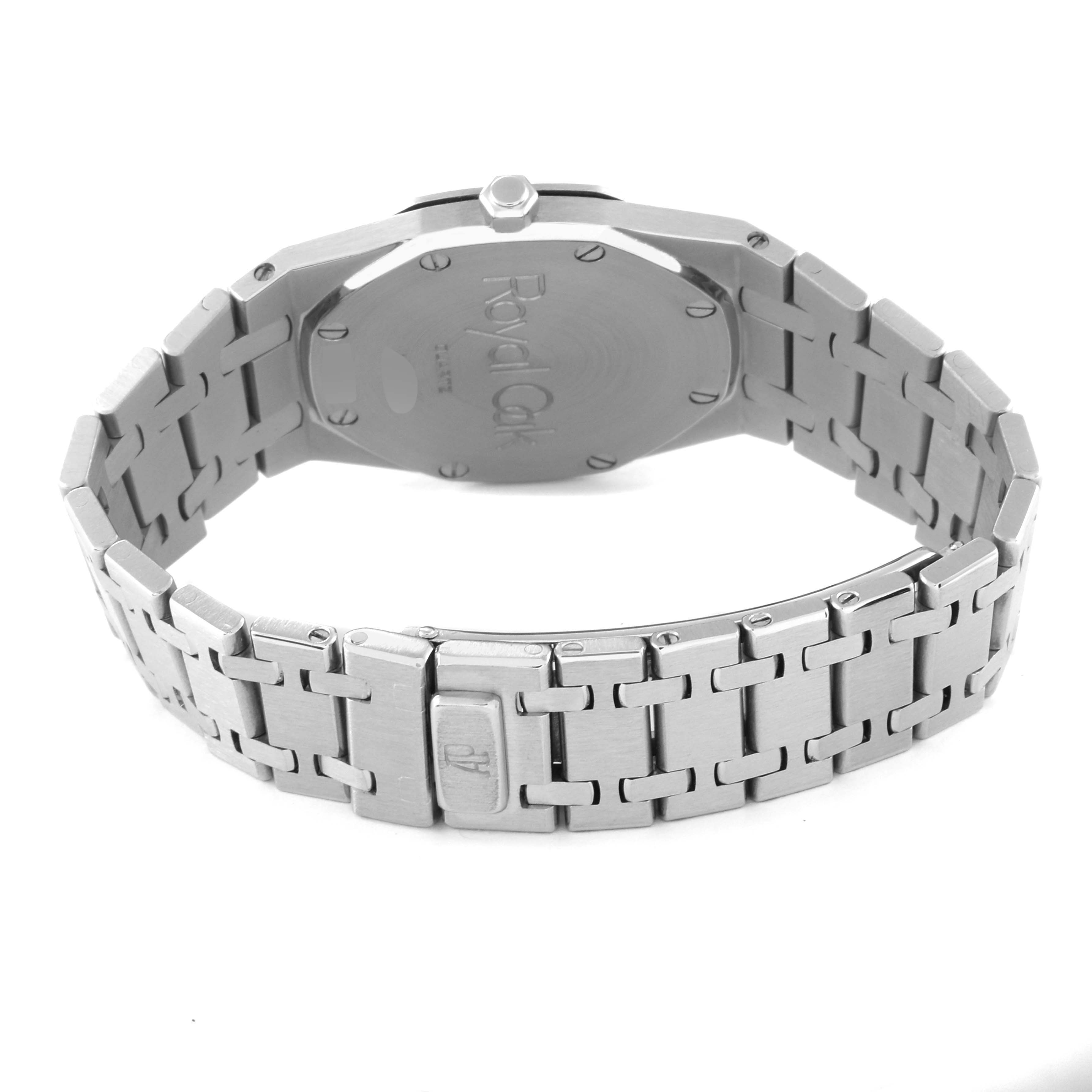 This image shows the rear view of the Audemars Piguet Royal Oak 56303ST Men's Stainless Steel Black Dial 56303ST Men's Stainless Steel Black Dial watch, highlighting the clasp and case back.