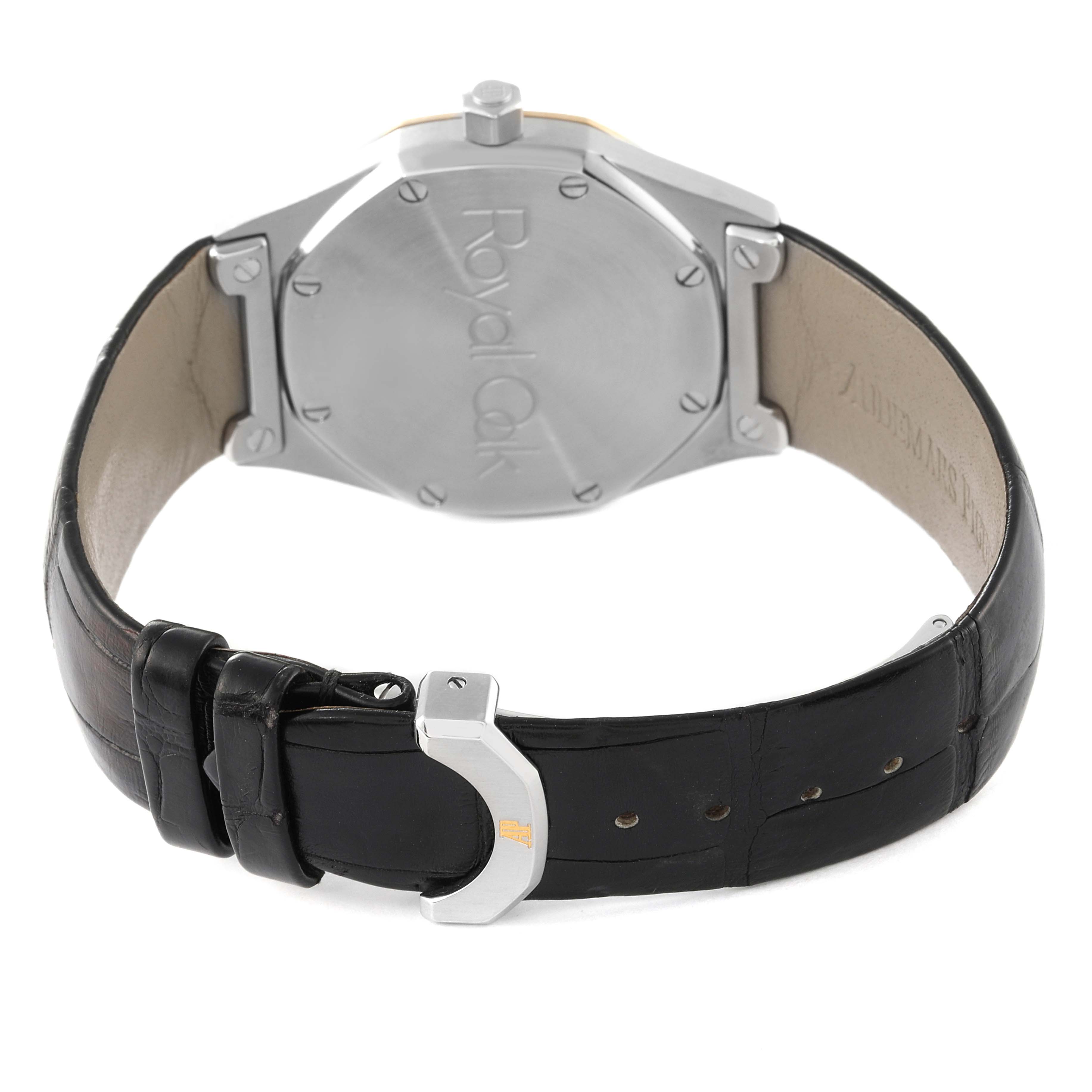 The image shows the backcase and strap of a Royal Oak watch by Audemars Piguet from a rear angle.