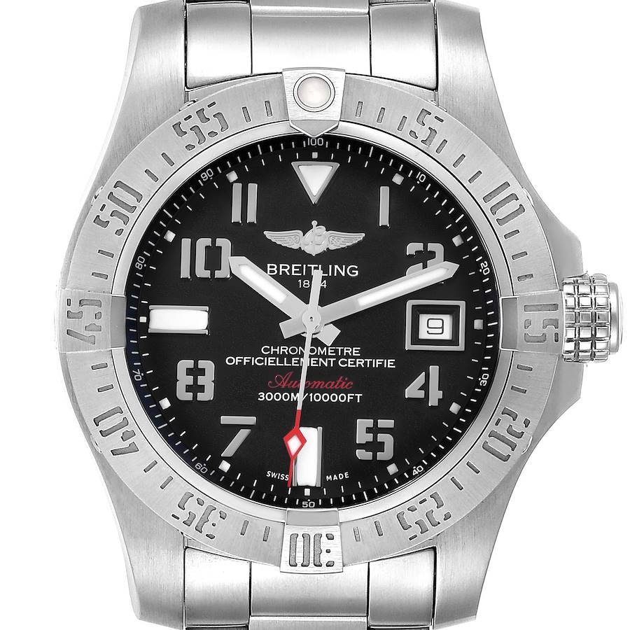 The Breitling Avenger watch is shown from a front angle, displaying the bezel, dial, hands, and part of the bracelet.