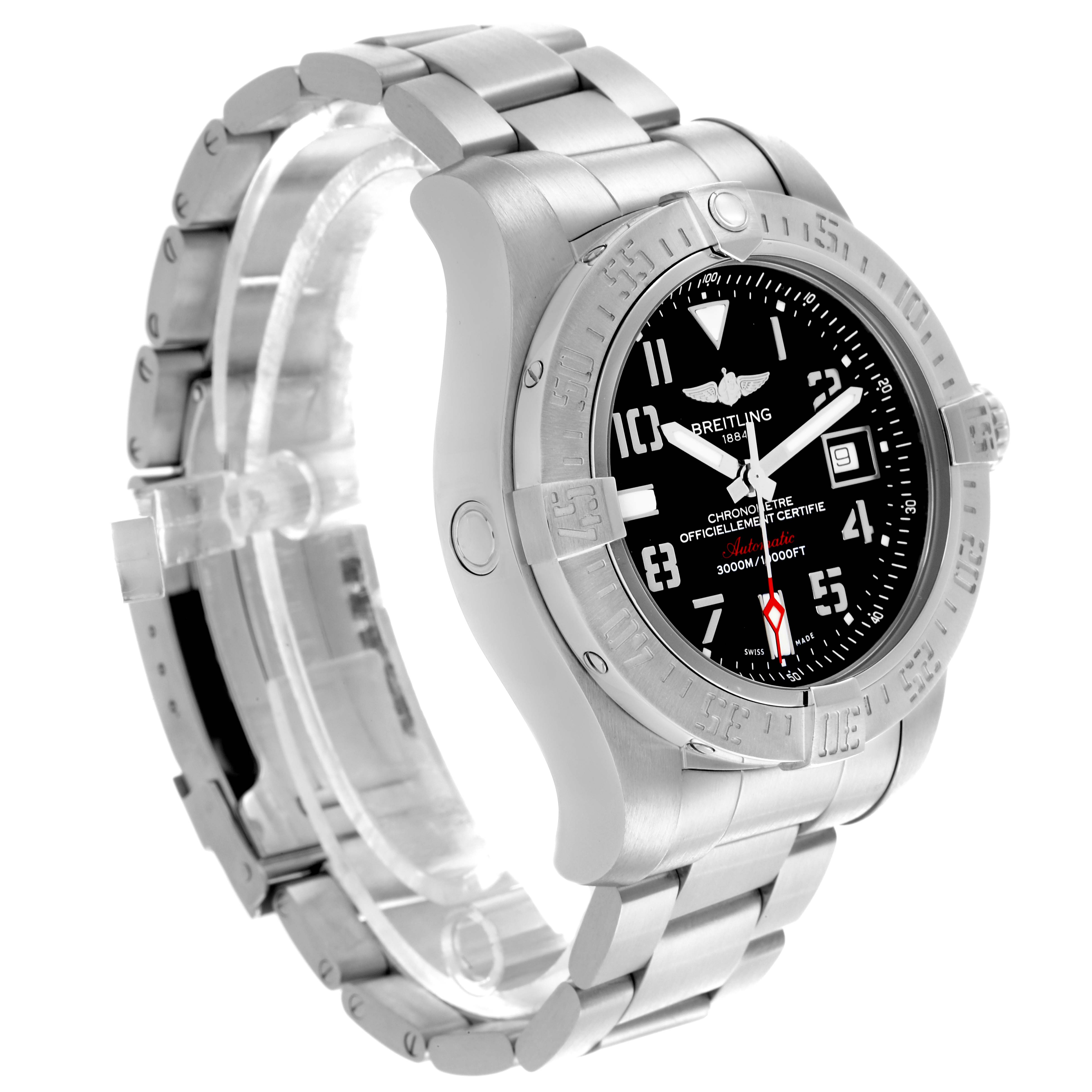 The Breitling Avenger A17331 Men's Stainless Steel Black Dial A17331 Men's Stainless Steel Black Dial watch is shown at a three-quarter angle, highlighting the face, bezel, and bracelet.