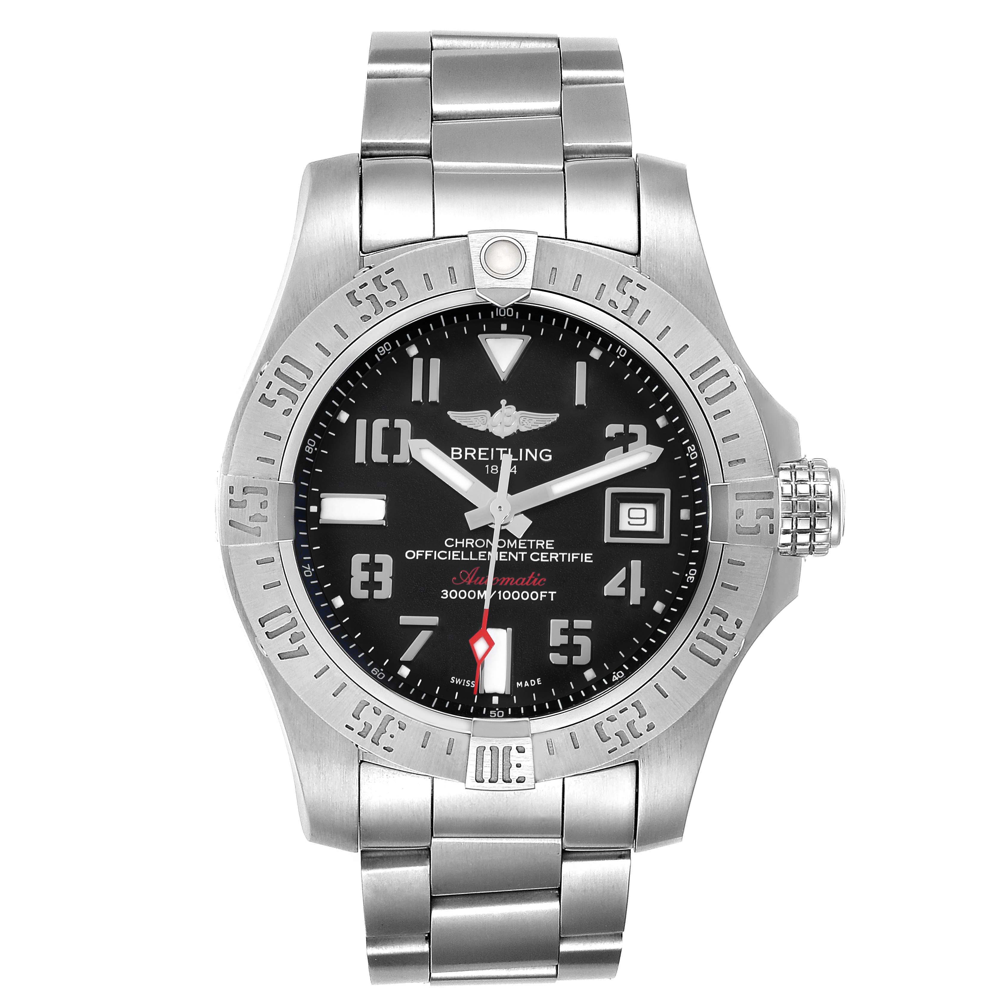 The Breitling Avenger A17331 Men's Stainless Steel Black Dial A17331 Men's Stainless Steel Black Dial watch is shown from a front angle, displaying the face, bezel, bracelet, and crown.