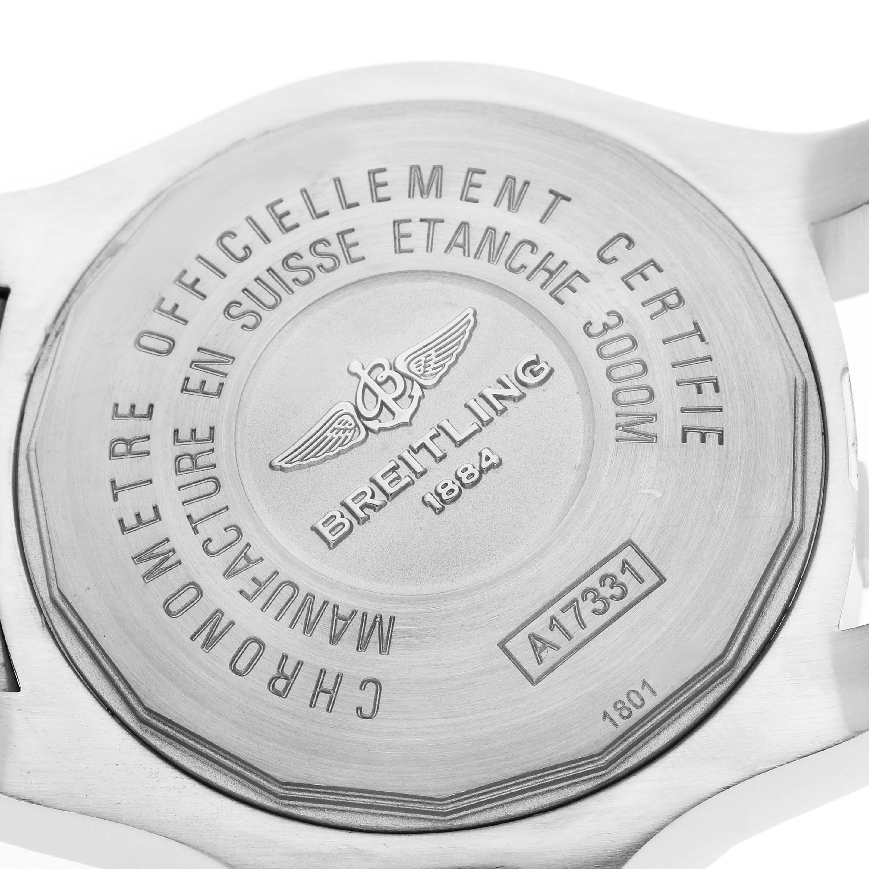 The image shows the back case of the Breitling Avenger A17331 Men's Stainless Steel Black Dial A17331 Men's Stainless Steel Black Dial watch with model details and branding engraved.