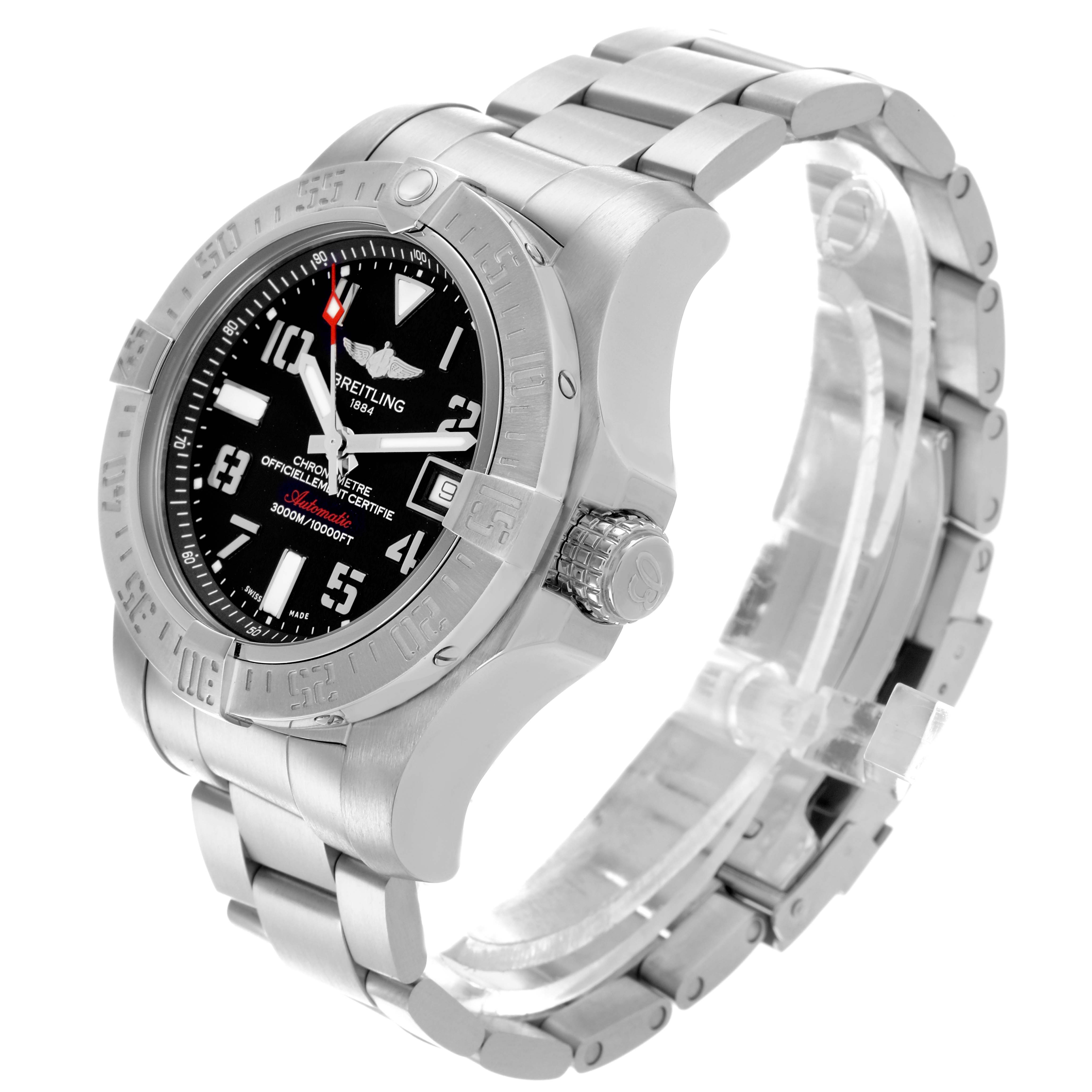 The Breitling Avenger A17331 Men's Stainless Steel Black Dial A17331 Men's Stainless Steel Black Dial watch is shown from a side angle, highlighting the case, bezel, and bracelet.