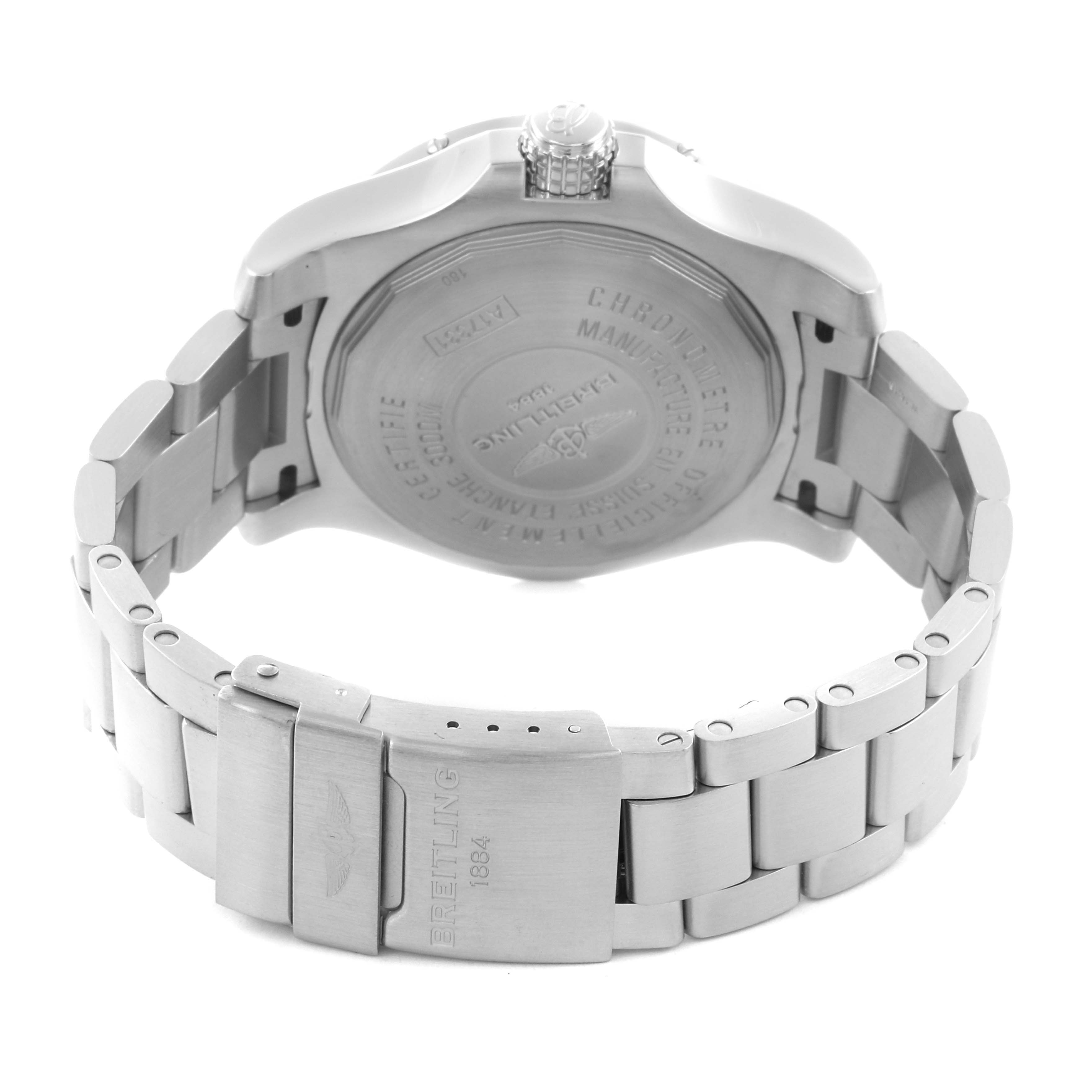 The image shows the back and bracelet clasp of a Breitling Avenger A17331 Men's Stainless Steel Black Dial A17331 Men's Stainless Steel Black Dial watch from a rear angle.