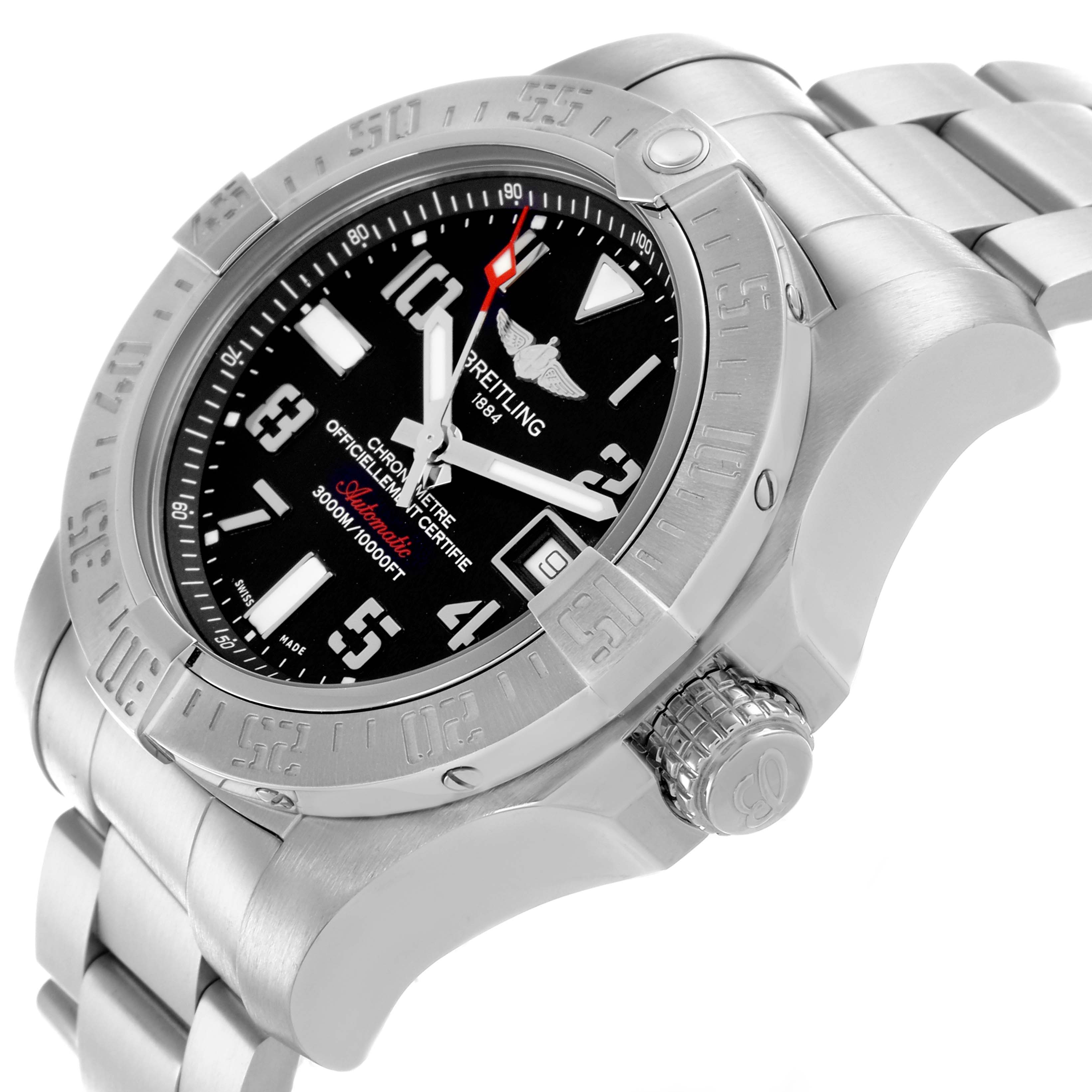 The Breitling Avenger A17331 Men's Stainless Steel Black Dial A17331 Men's Stainless Steel Black Dial watch is angled to show the bezel, dial, crown, lug, and part of the bracelet.