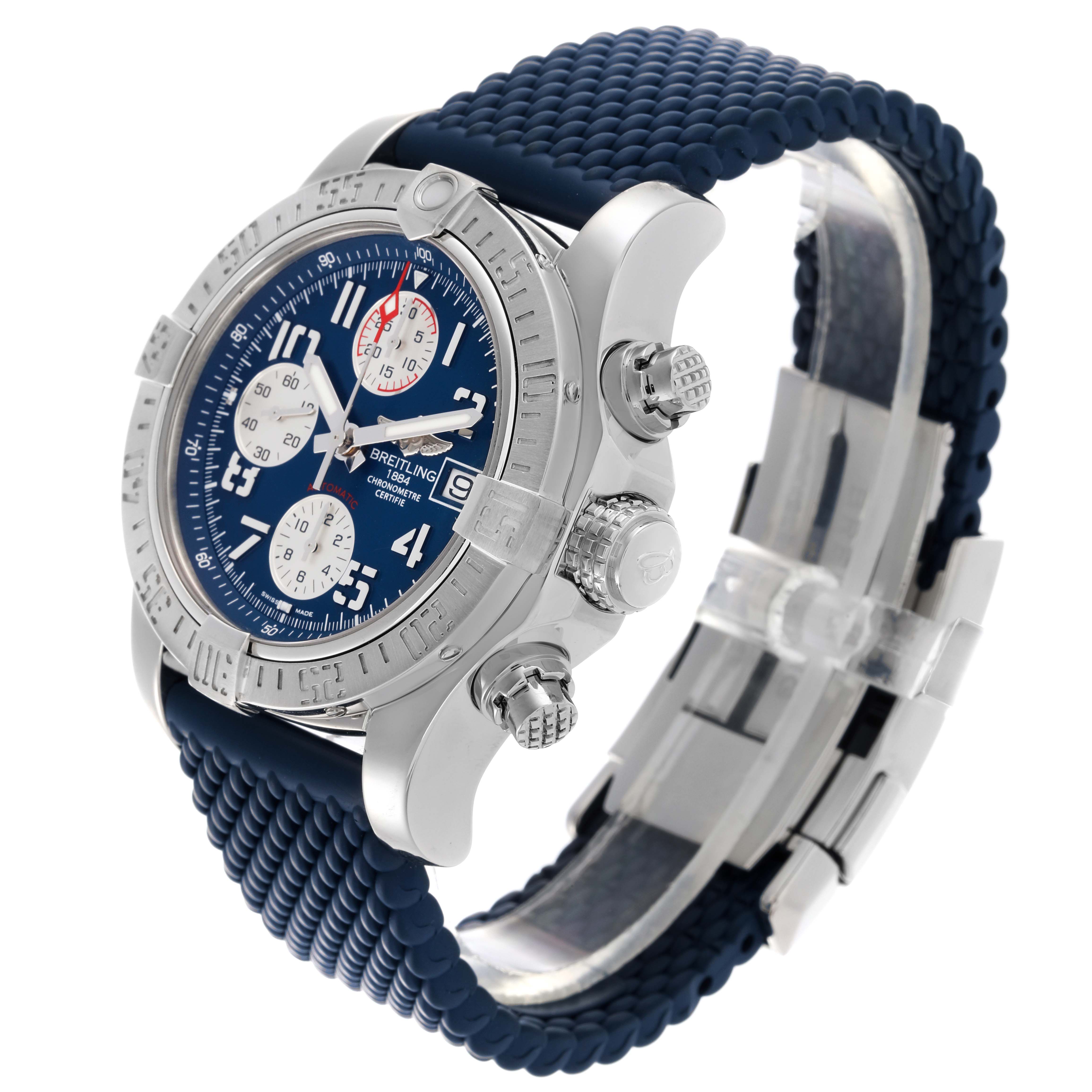The Breitling Avenger A13381 Men's Stainless Steel Blue Dial A13381 Men's Stainless Steel Blue Dial watch is shown at a three-quarter angle, highlighting the face, bezel, crown, and rubber strap.
