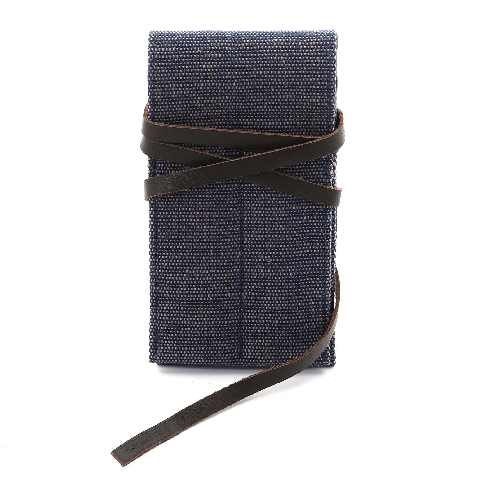 The image shows a closed fabric watch pouch for the Breitling Avenger A13381 Men's Stainless Steel Blue Dial A13381 Men's Stainless Steel Blue Dial, tied with a leather strap.