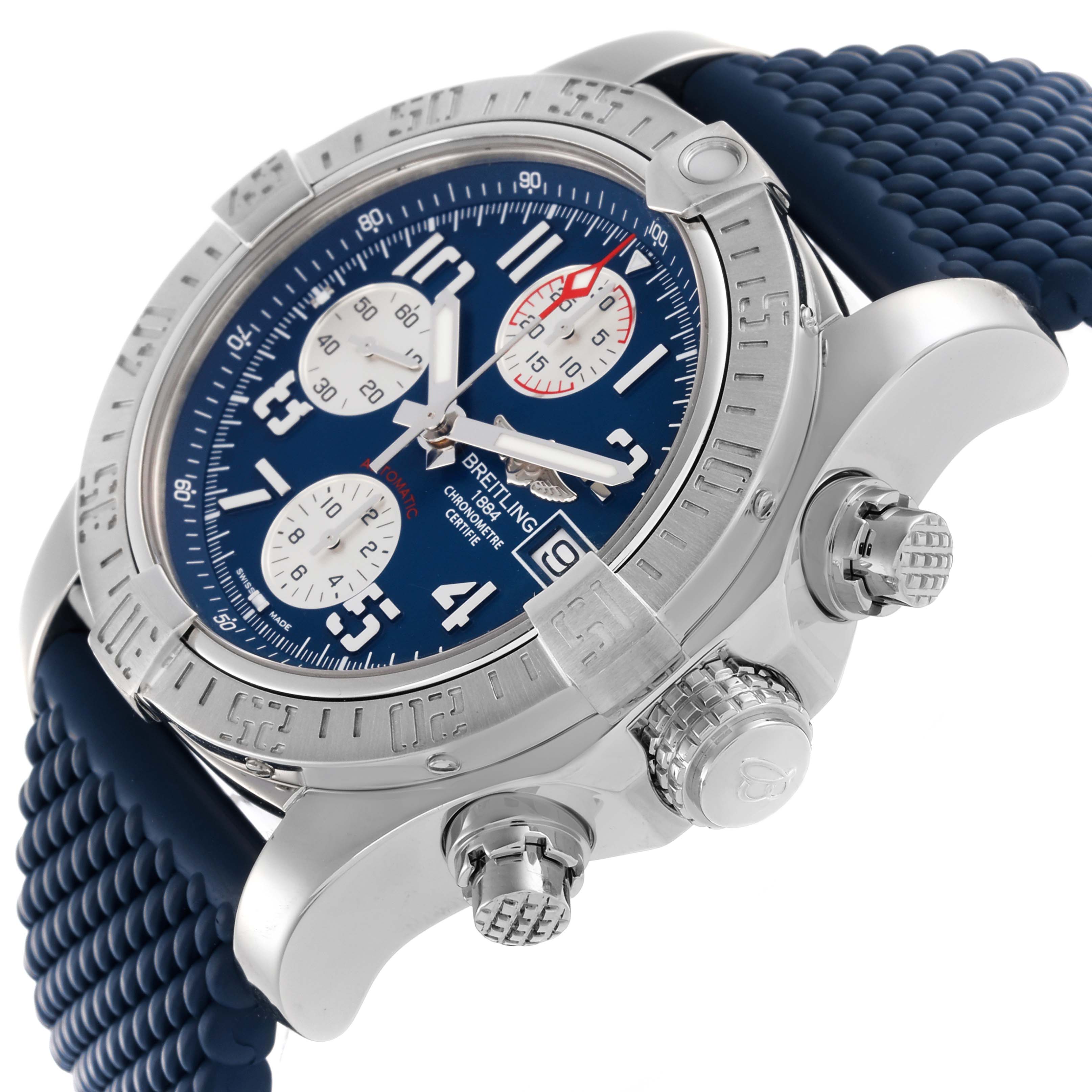 The Breitling Avenger A13381 Men's Stainless Steel Blue Dial A13381 Men's Stainless Steel Blue Dial watch is shown at an angled view highlighting the dial, bezel, crown, and pushers.