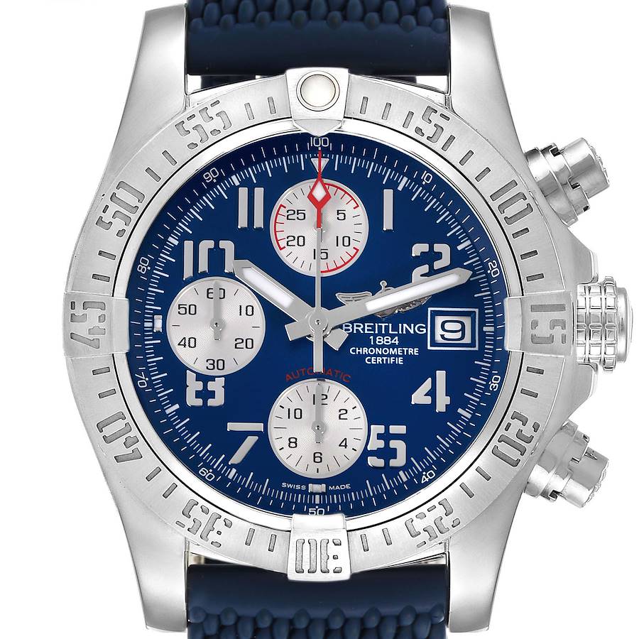 The Breitling Avenger watch is shown from a front angle, displaying the bezel, dial, subdials, and crown.