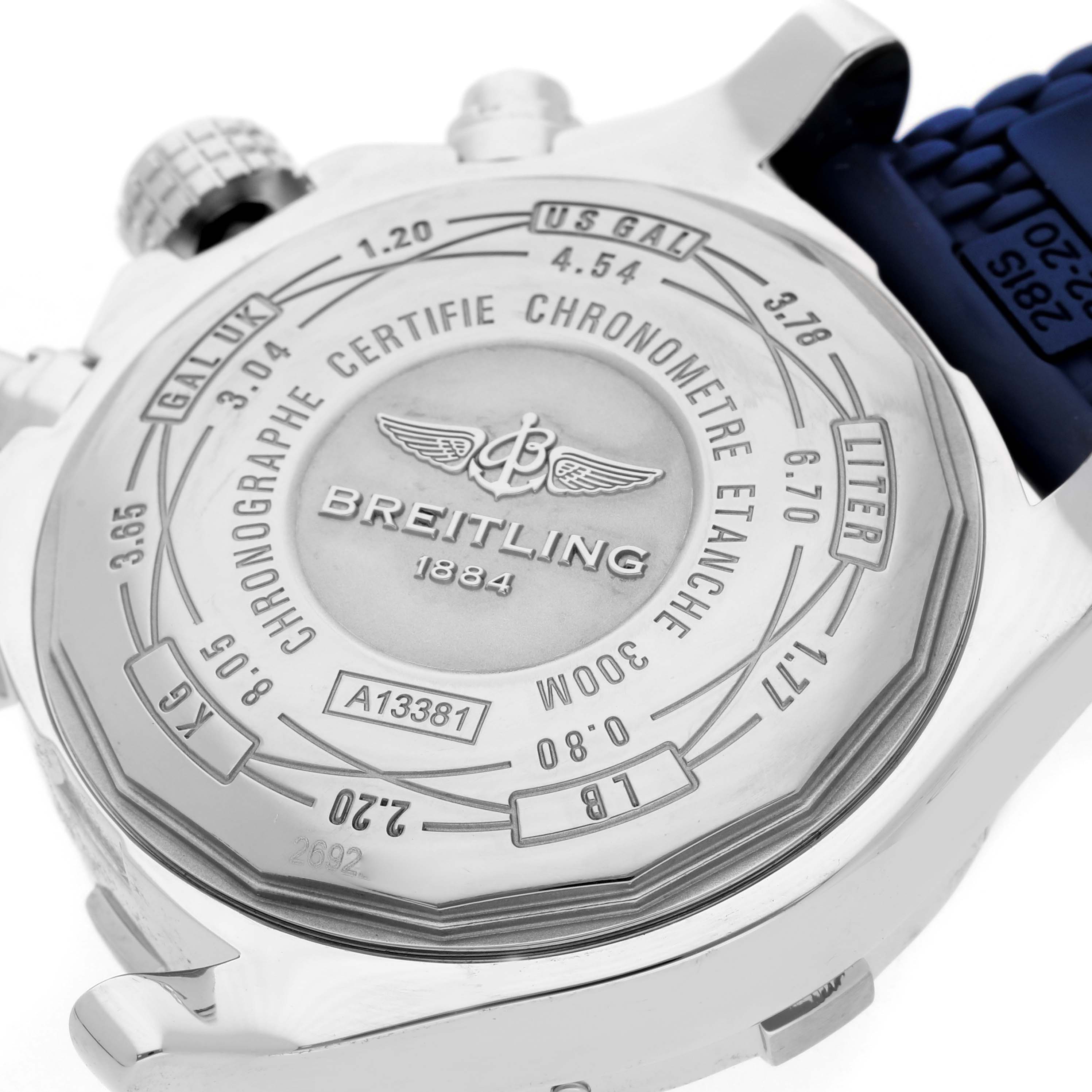 The image shows the case back of a Breitling Avenger A13381 Men's Stainless Steel Blue Dial A13381 Men's Stainless Steel Blue Dial watch, displaying brand engravings and measurement conversions.