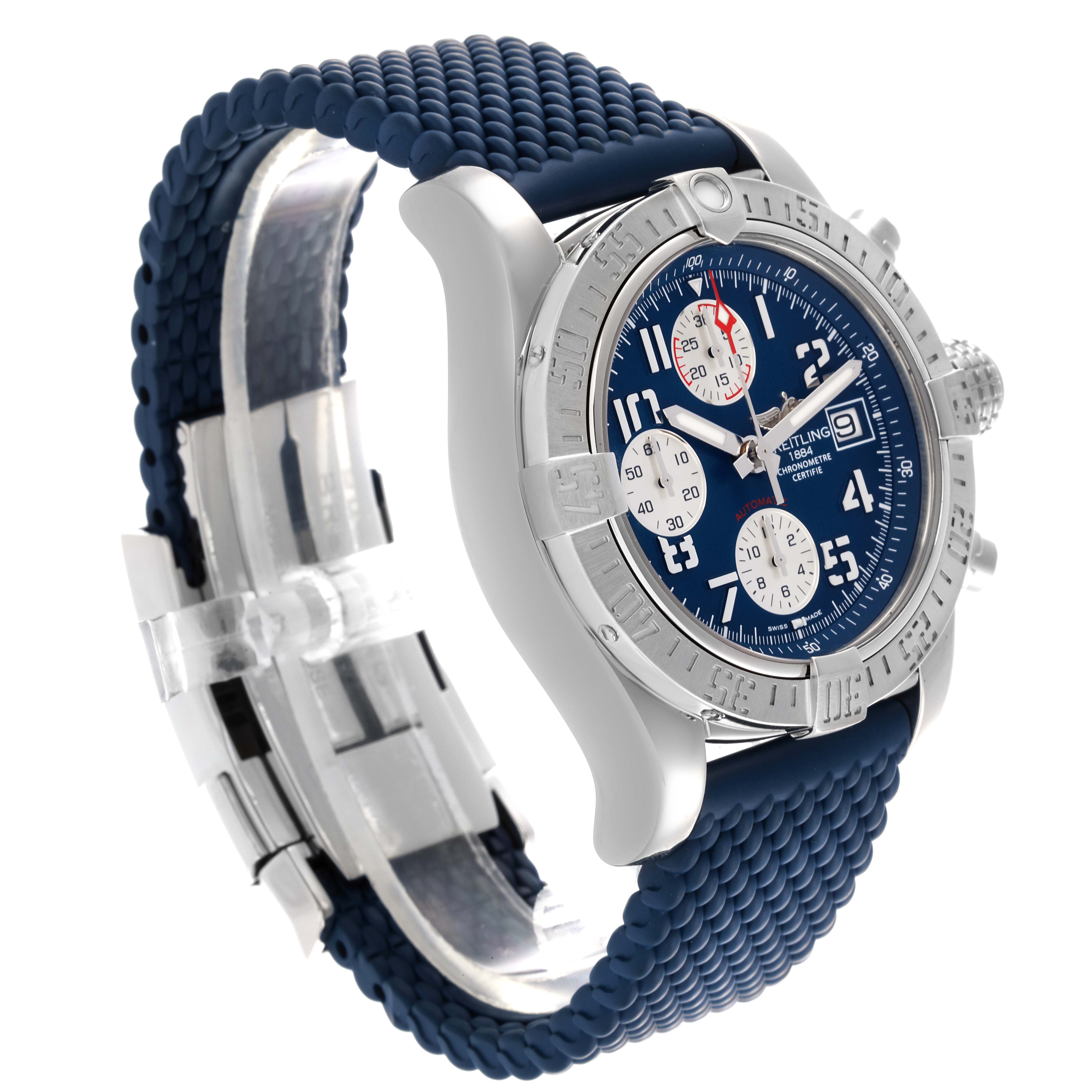 The image shows a side angle of the Breitling Avenger A13381 Men's Stainless Steel Blue Dial A13381 Men's Stainless Steel Blue Dial watch, displaying the face, bezel, and textured band.