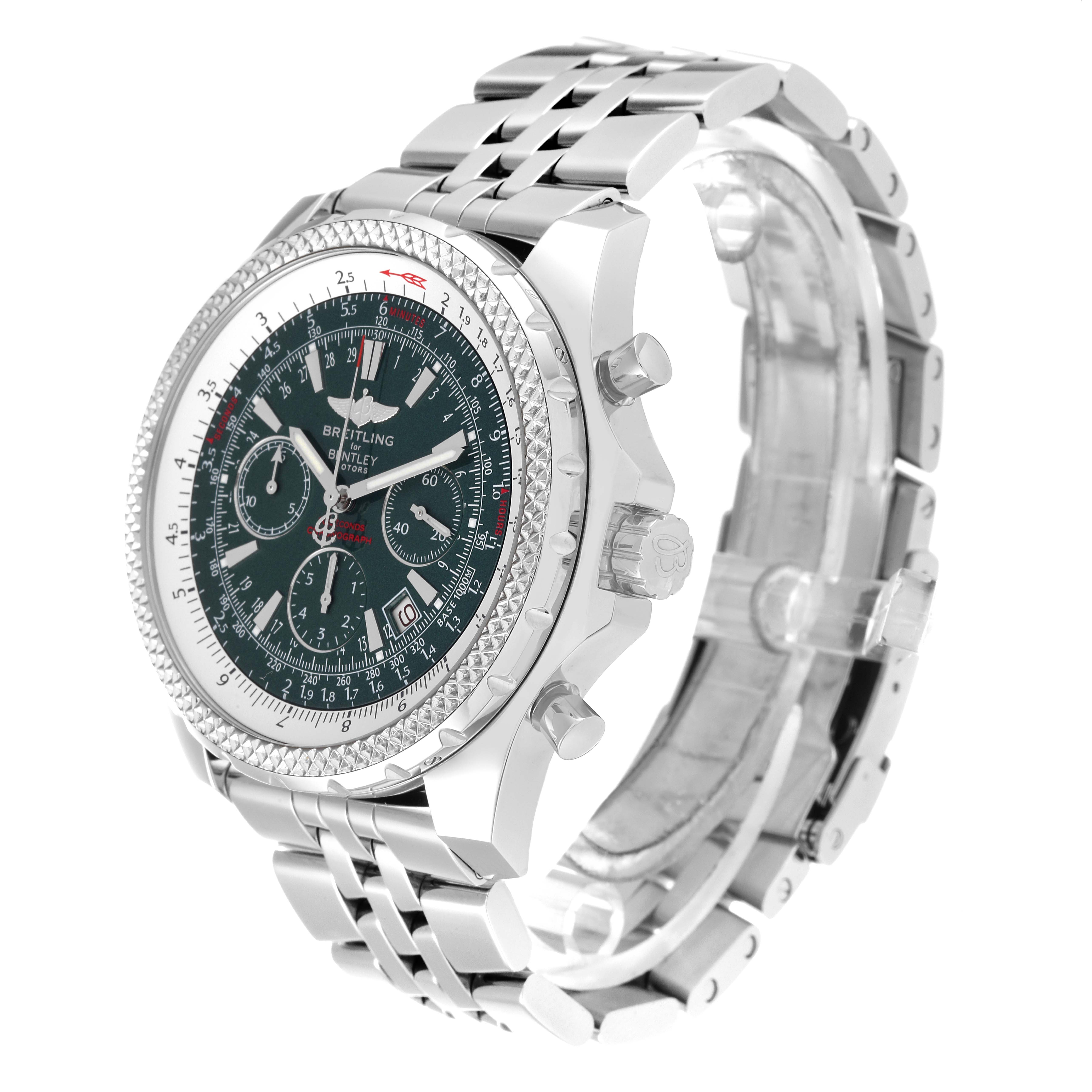 The image shows the Breitling Bentley A25362 Men's Stainless Steel Green Dial A25362 Men's Stainless Steel Green Dial watch at a three-quarter angle, highlighting its face, bezel, bracelet, and pushers.