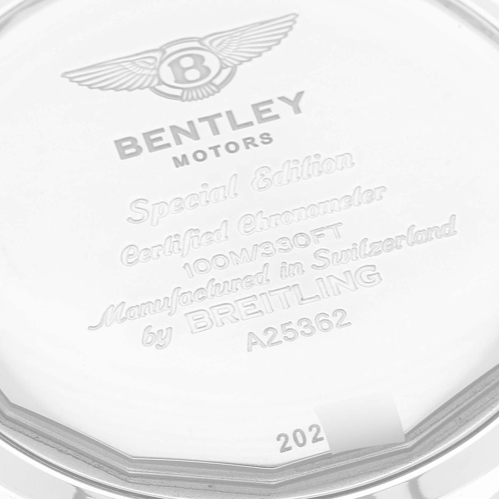 The image shows the engraved backplate of a Breitling Bentley A25362 Men's Stainless Steel Green Dial A25362 Men's Stainless Steel Green Dial Motors watch, highlighting details about the model.