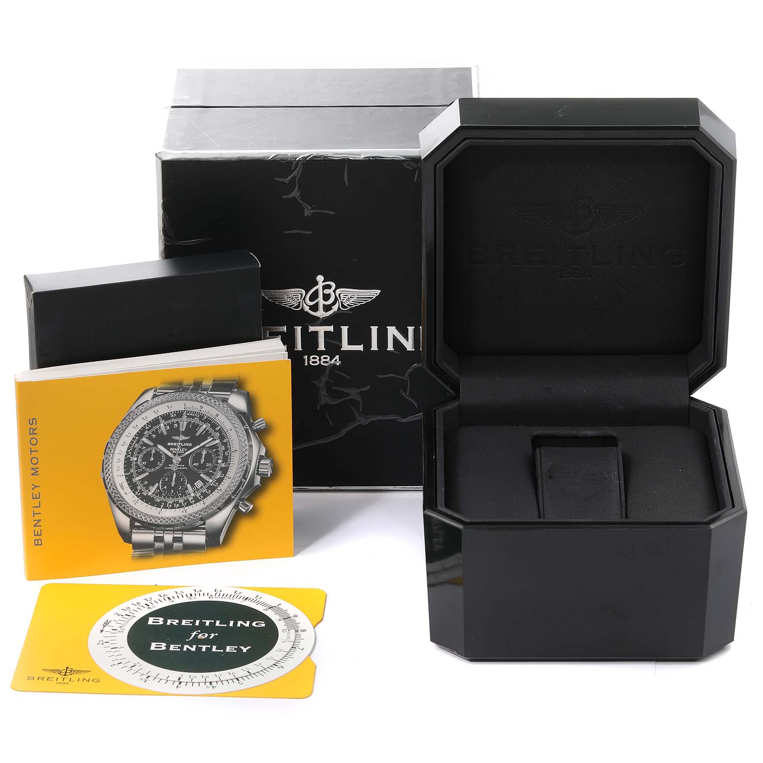 The image shows the packaging, user manual, empty watch box, and a slide rule for the Breitling Bentley A25362 Men's Stainless Steel Green Dial A25362 Men's Stainless Steel Green Dial watch model.