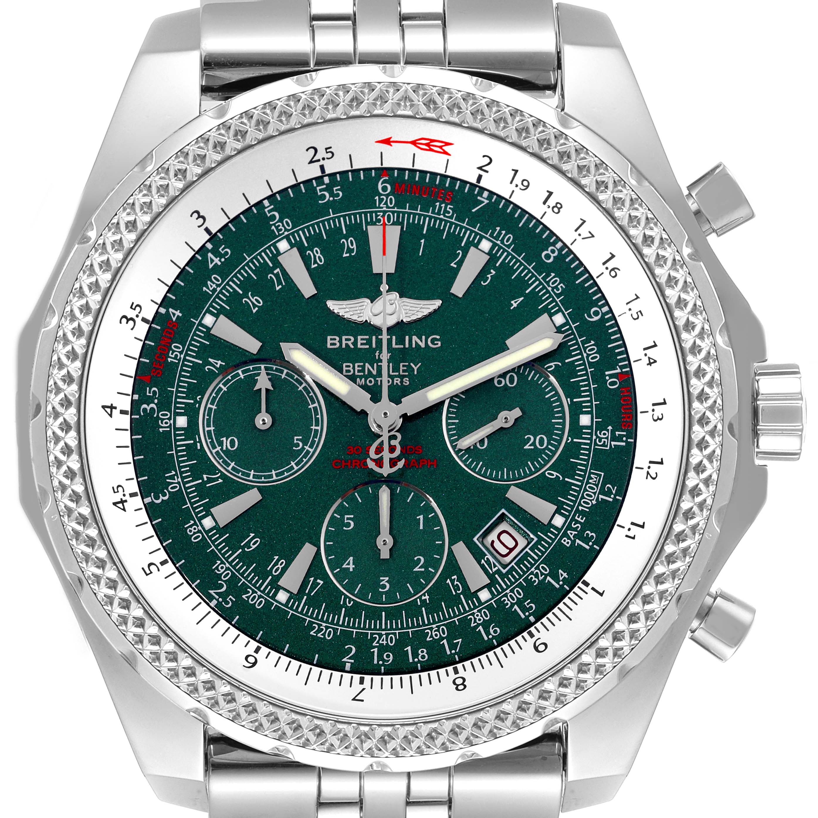 The image shows a front-view angle of a Bentley by Breitling watch, showcasing its green dial, chronograph subdials, and stainless steel bracelet.