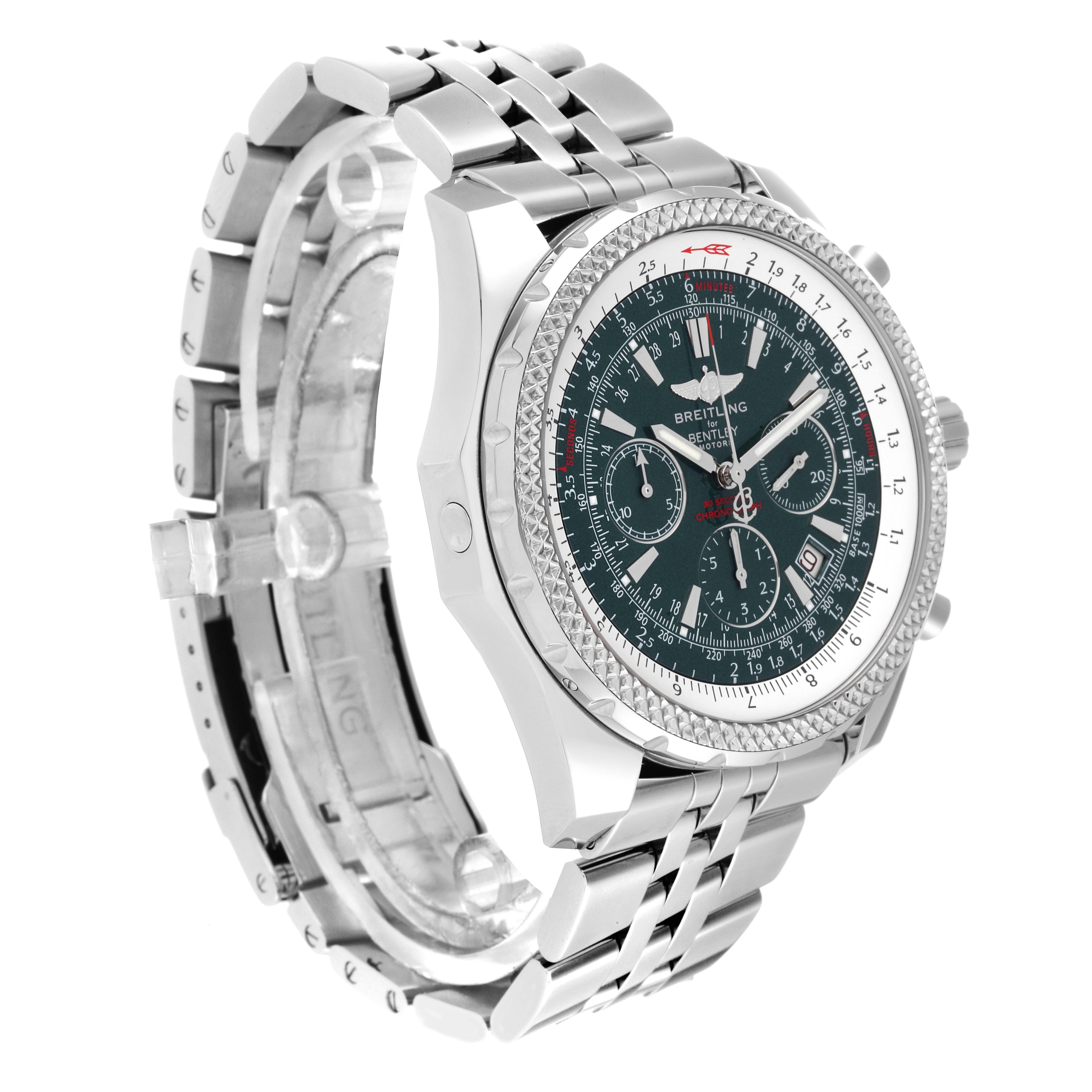 The Breitling Bentley A25362 Men's Stainless Steel Green Dial A25362 Men's Stainless Steel Green Dial watch is shown at a slight angle, highlighting its face, bezel, and metal bracelet.