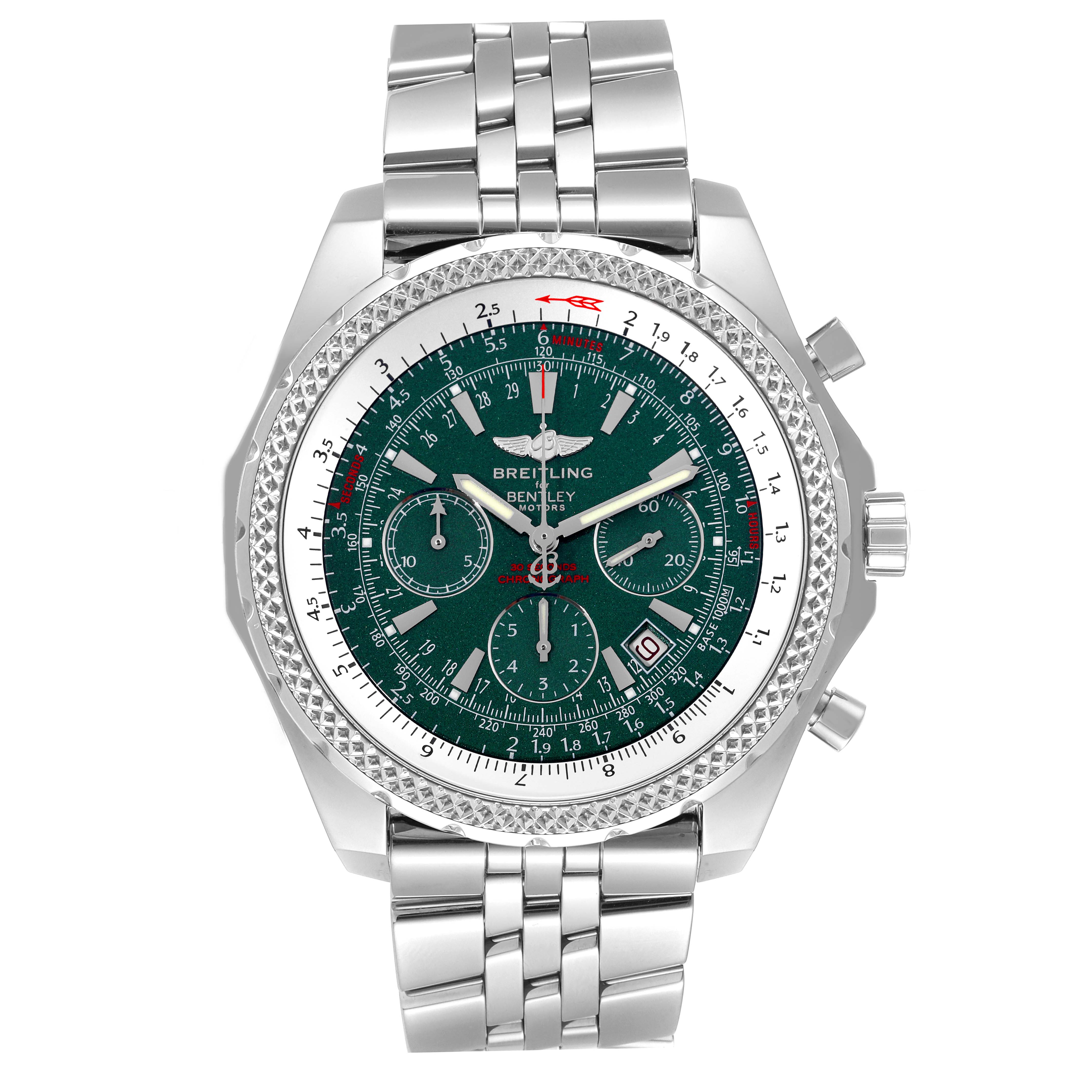 This image shows a front view of a Breitling Bentley A25362 Men's Stainless Steel Green Dial A25362 Men's Stainless Steel Green Dial model watch with a green dial and silver bracelet.
