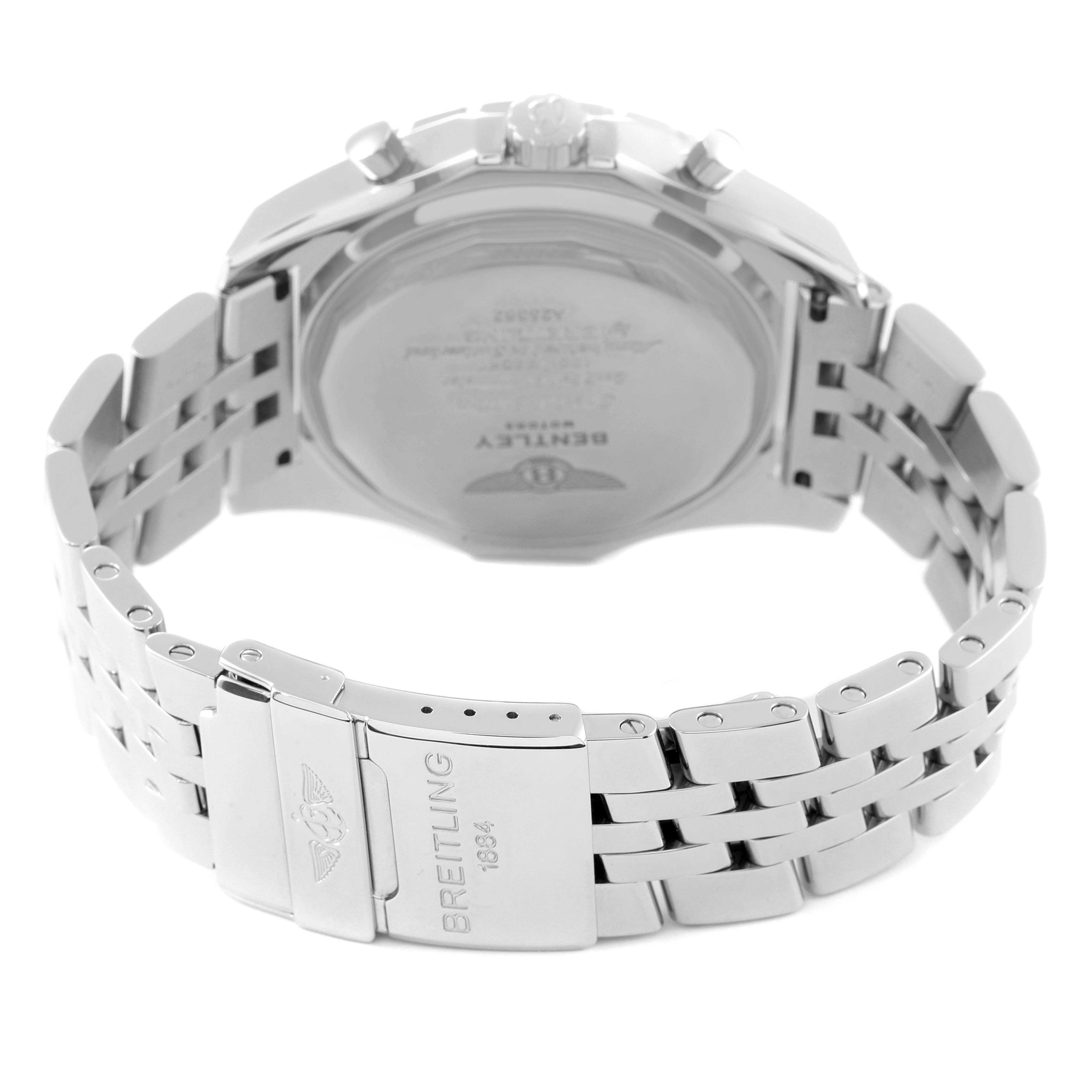 The image shows the Breitling Bentley A25362 Men's Stainless Steel Green Dial A25362 Men's Stainless Steel Green Dial watch's case back and clasp at a slight angle.