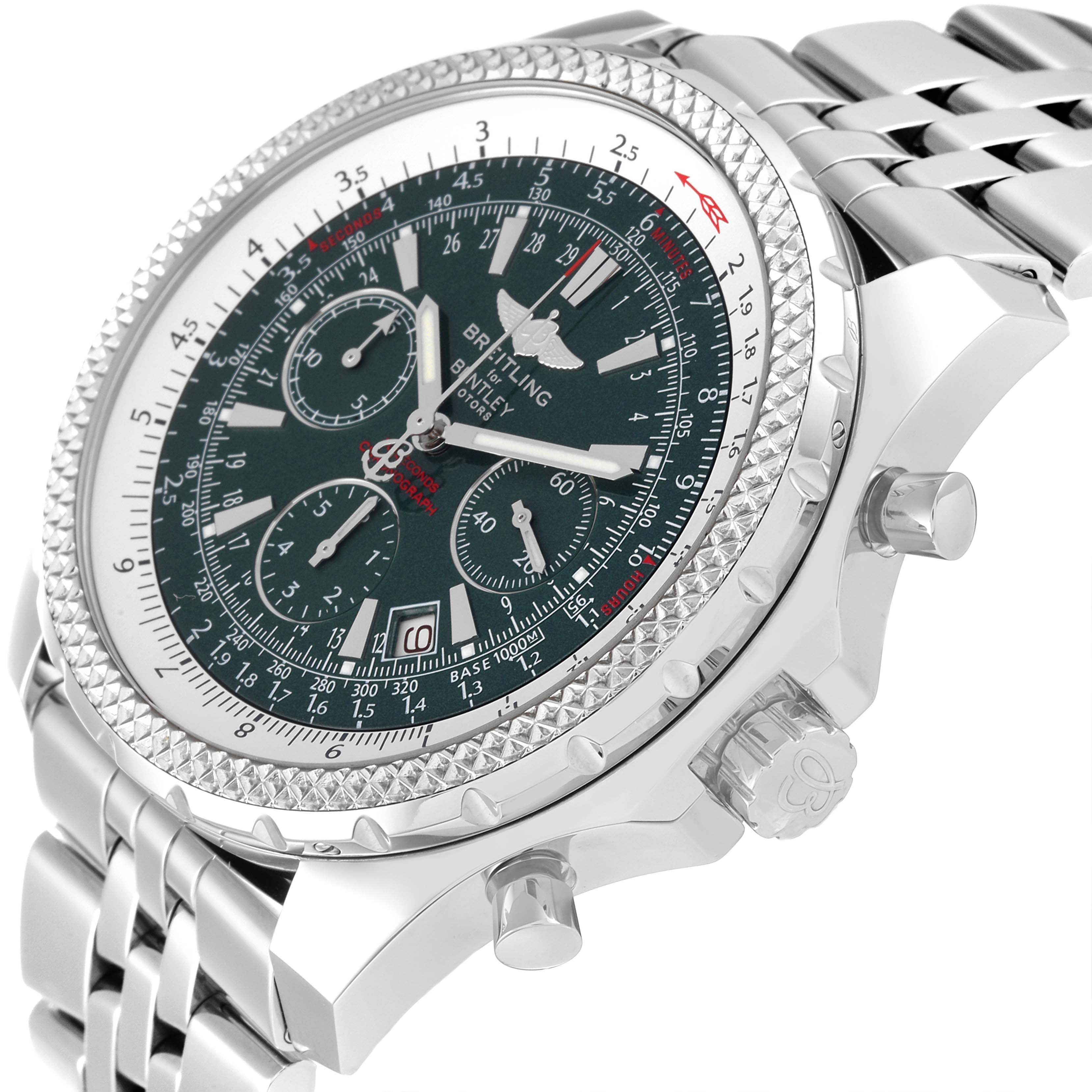 This Bentley model by Breitling is shown at a slight angle, highlighting the dial, bezel, crown, and part of the bracelet.